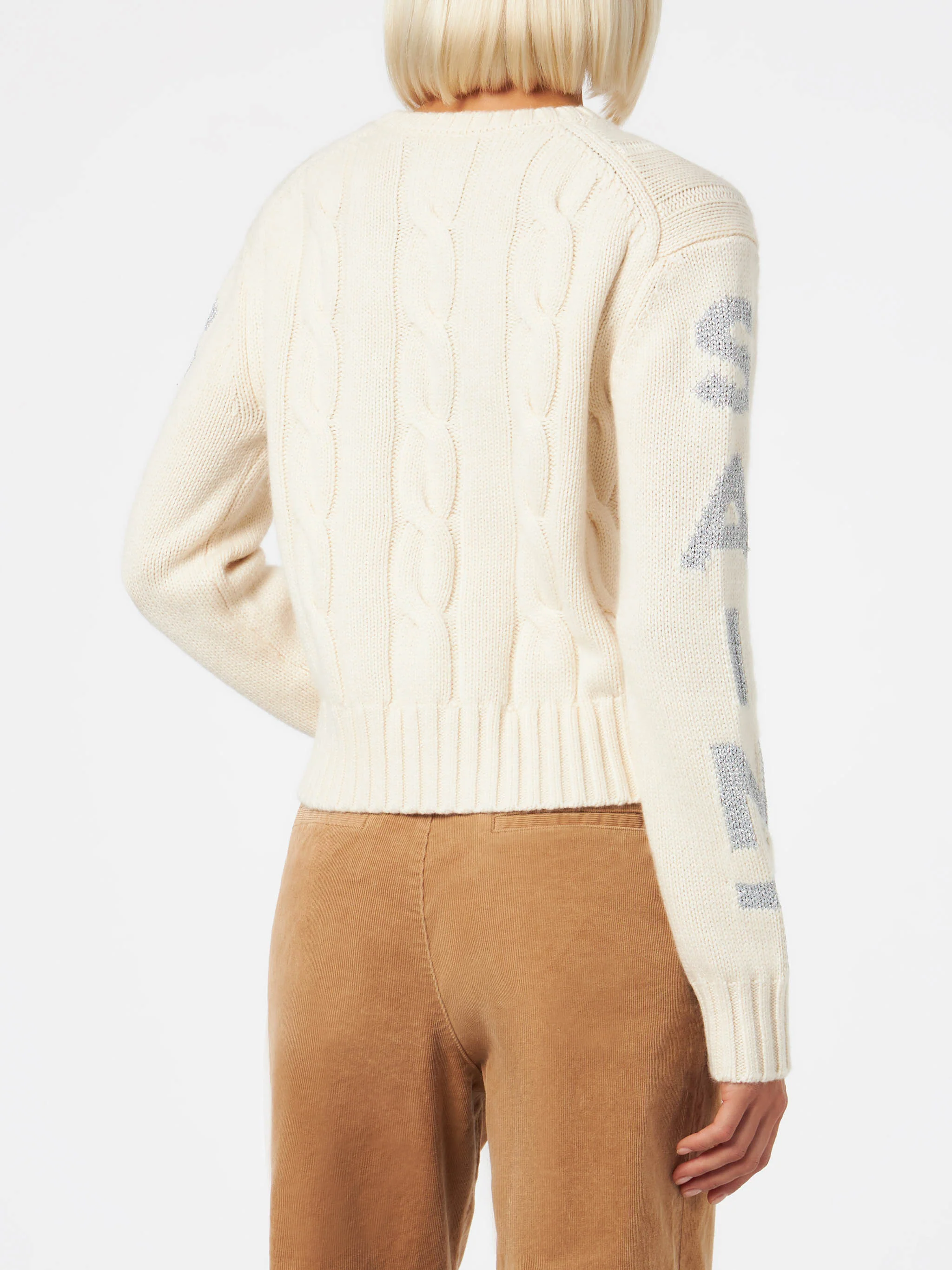 Maglione Malmo a girocollo in maglia intrecciata bianco con dettagli lurex - Image 2