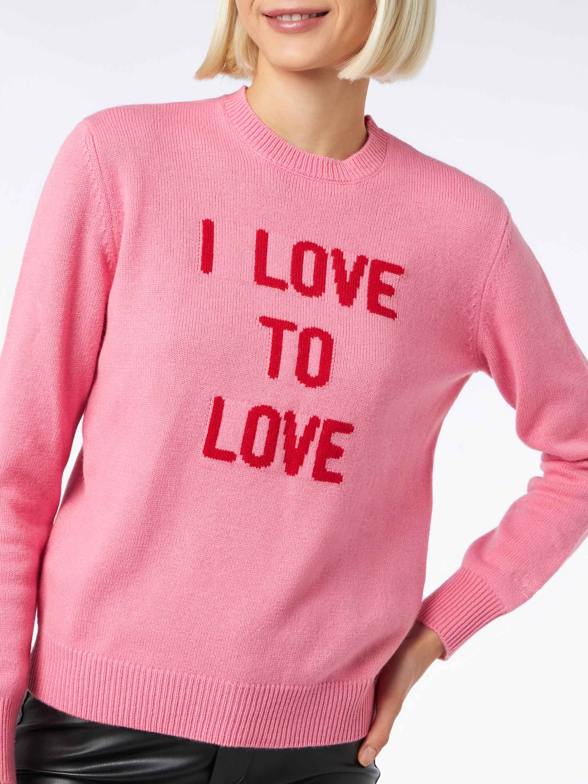 Maglione rosa a girocollo con stampa I love to Love - Image 2