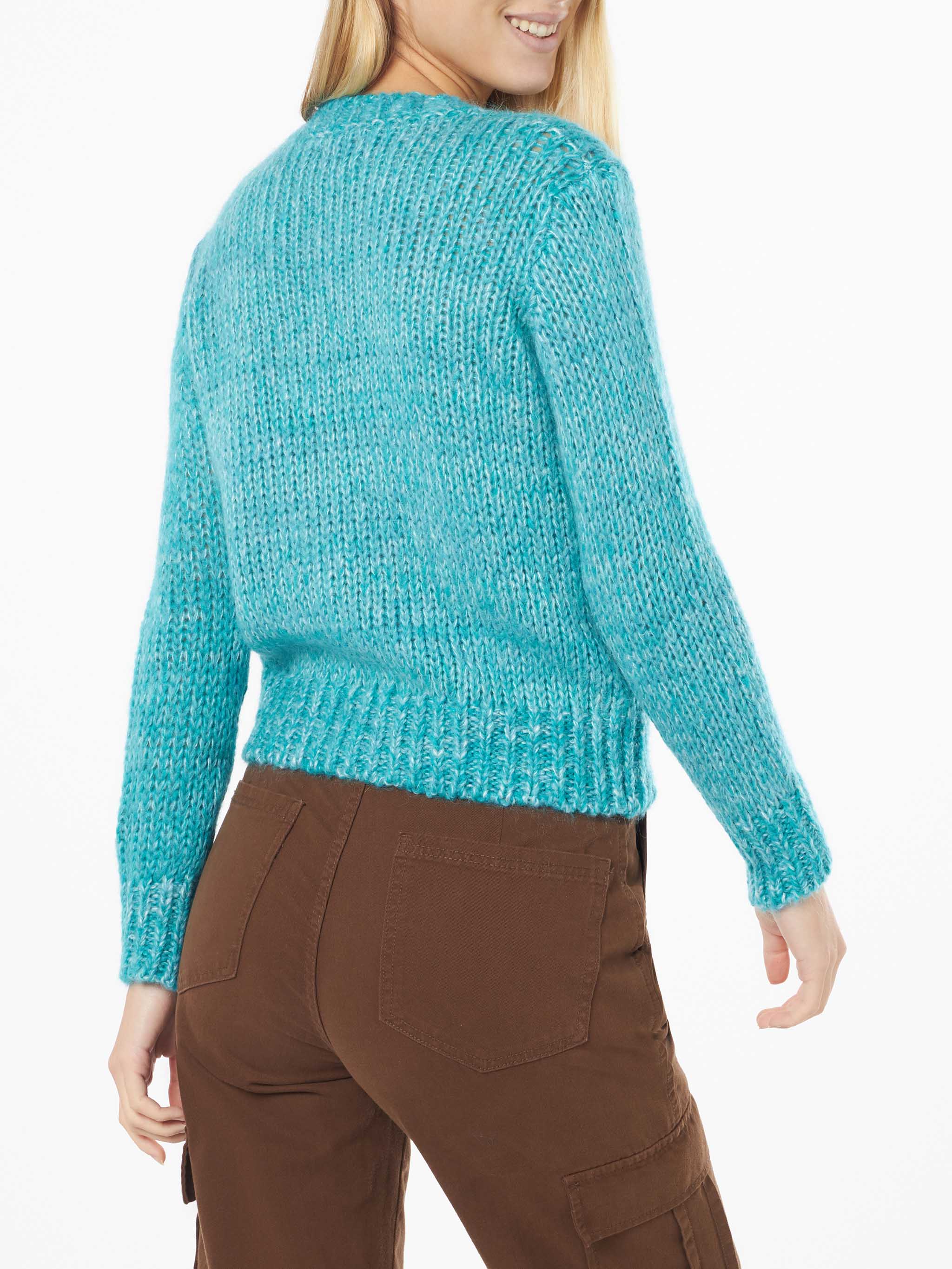 Maglia crop New Queen in filato mouliné turchese con ricamo - Image 3