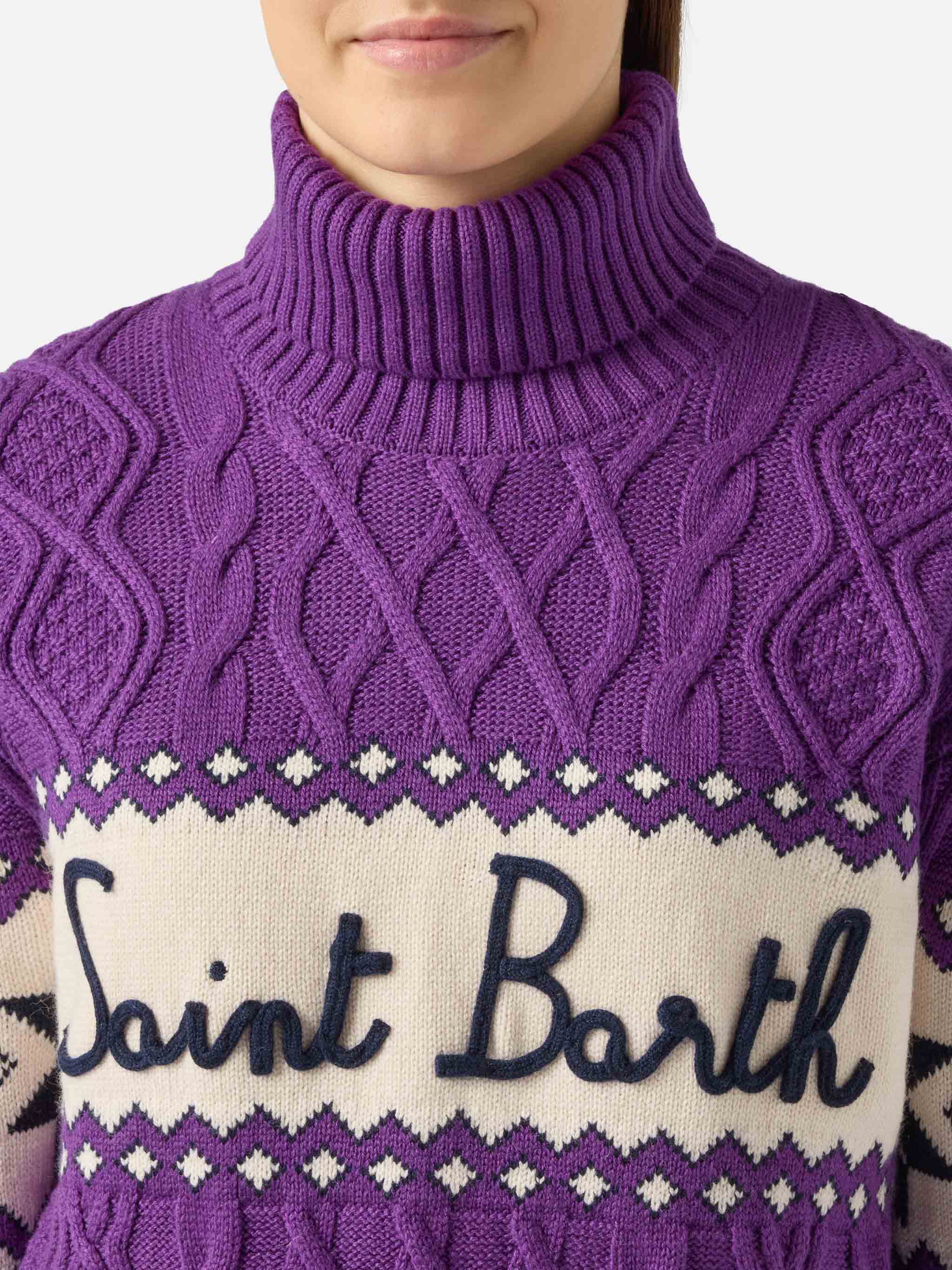 Maglione Anton intrecciato viola mezzo dolcevita con logo - Image 2