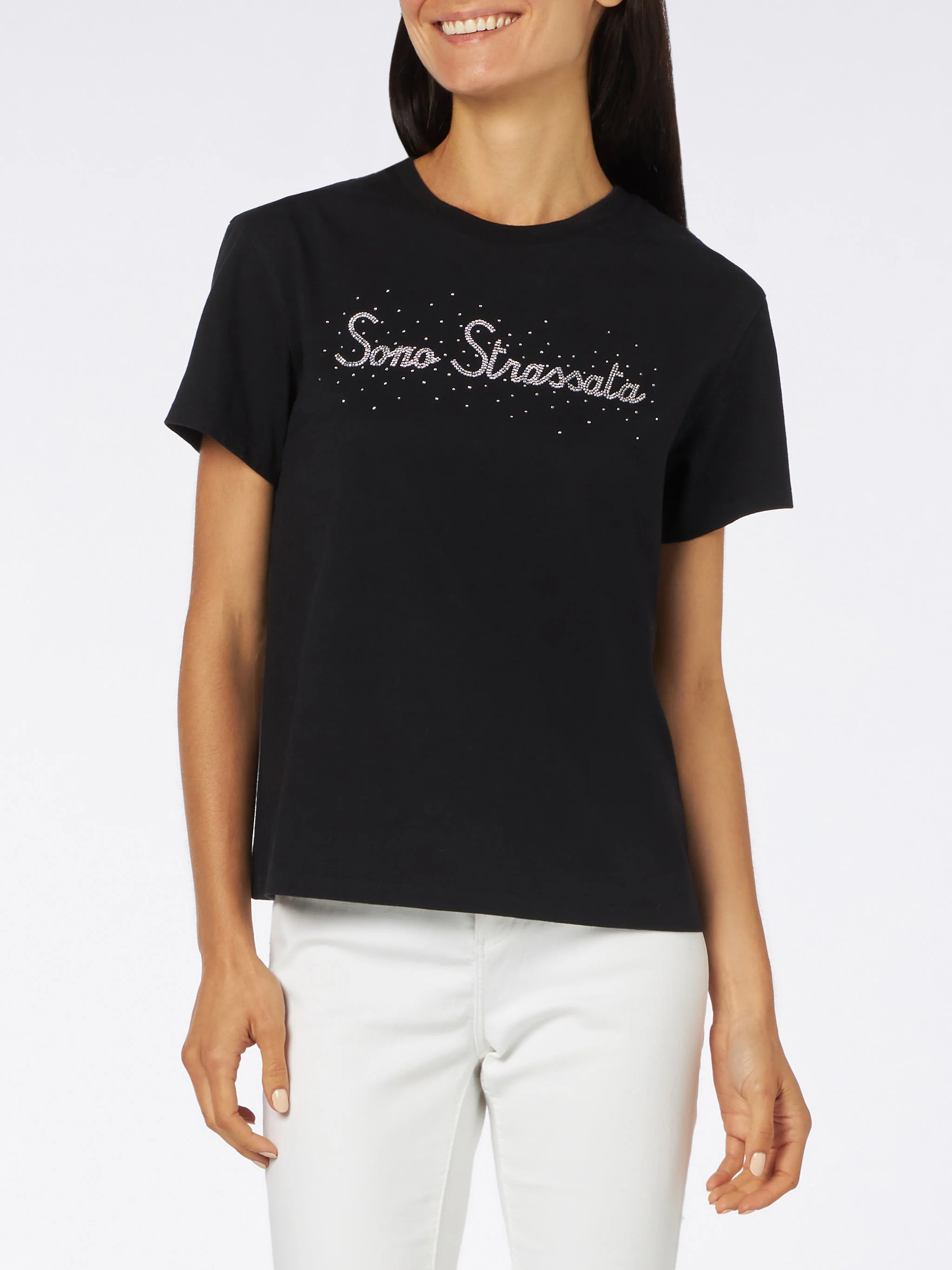 T-shirt Emilie in cotone nero con stampa strass - Image 2