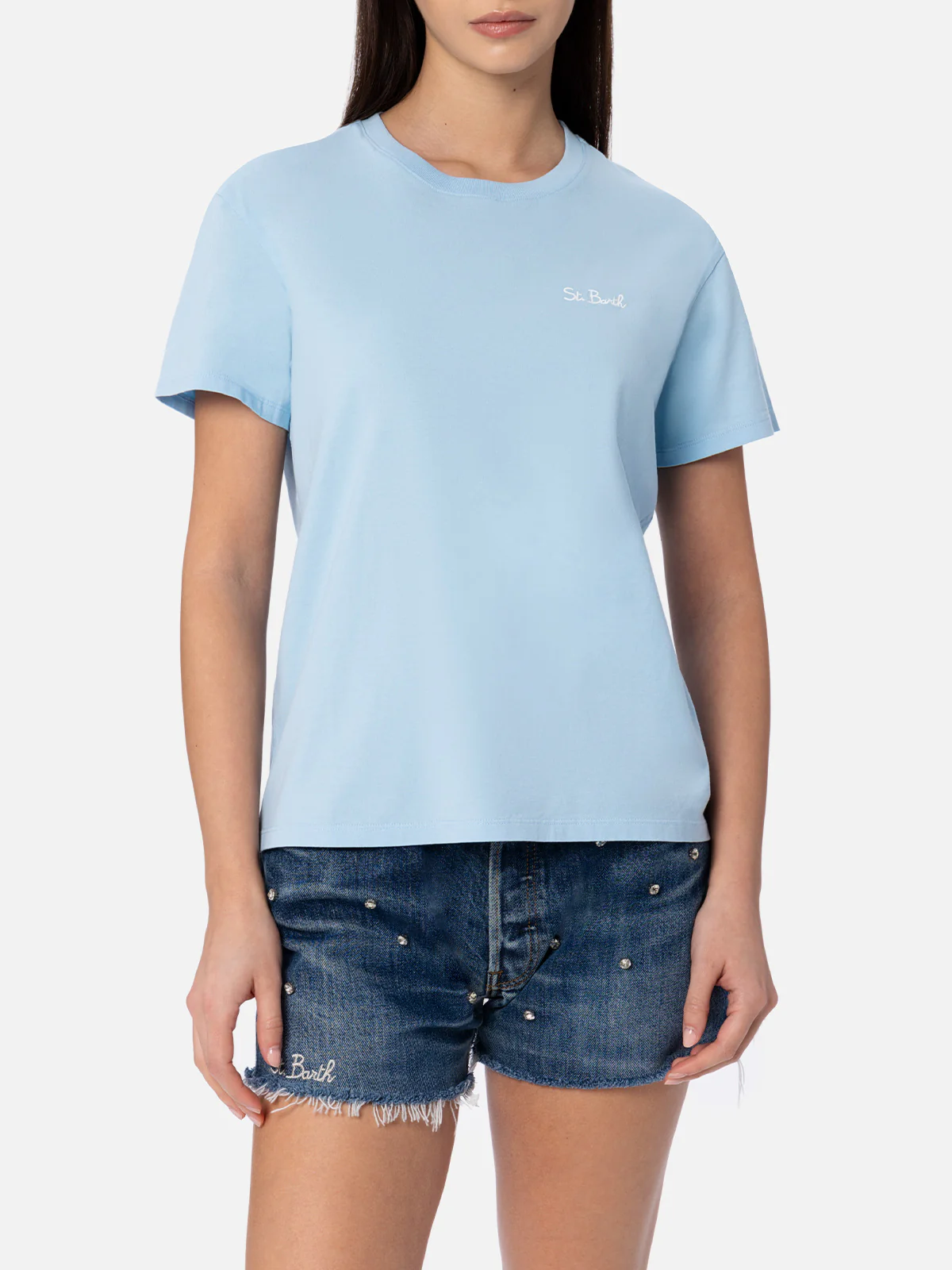 T-shirt Emilie in cotone azzurro con ricamo logo - Image 2