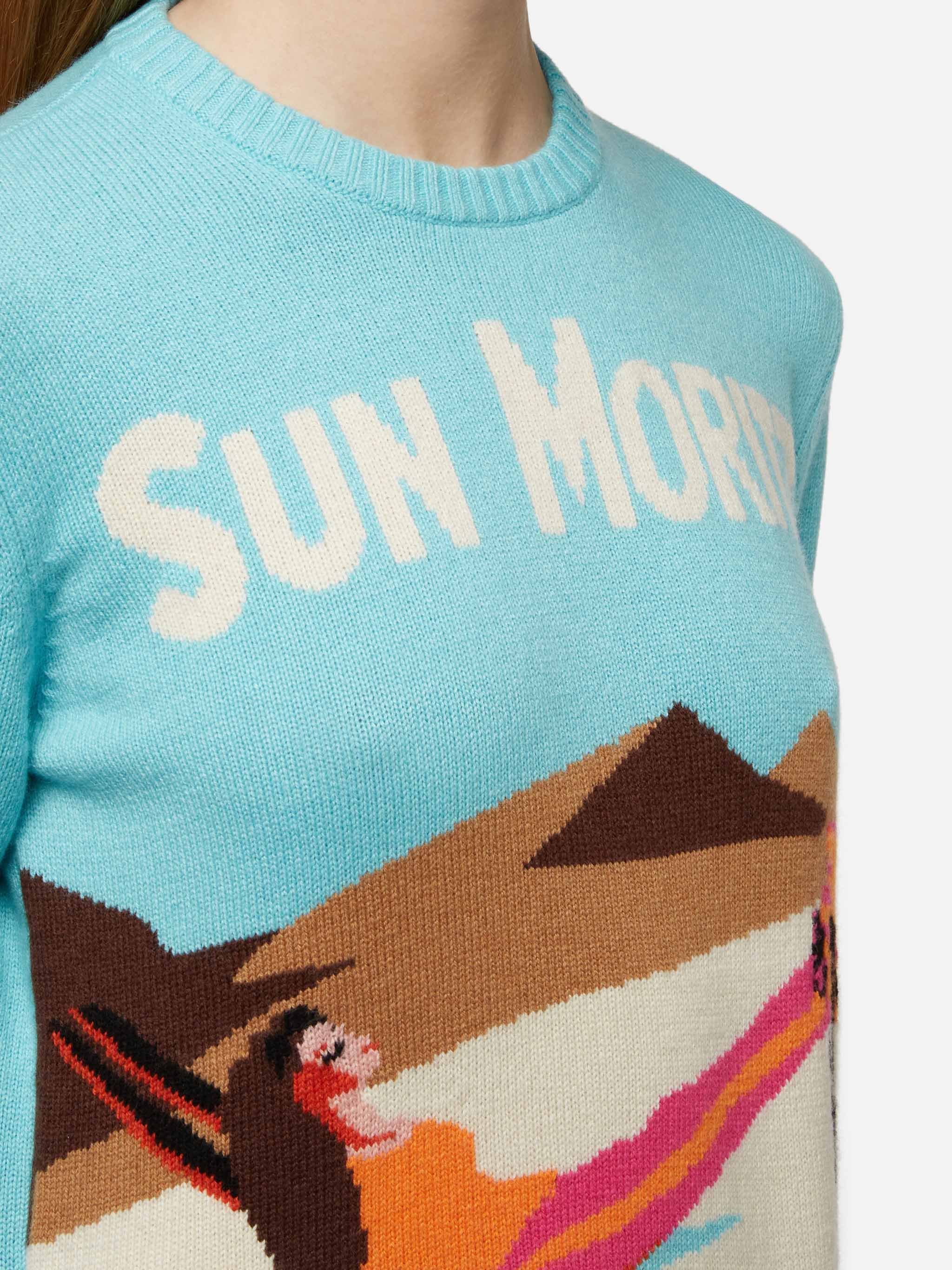 Maglione azzurro New Queen con cartolina Sun Moritz jacquard - Image 2