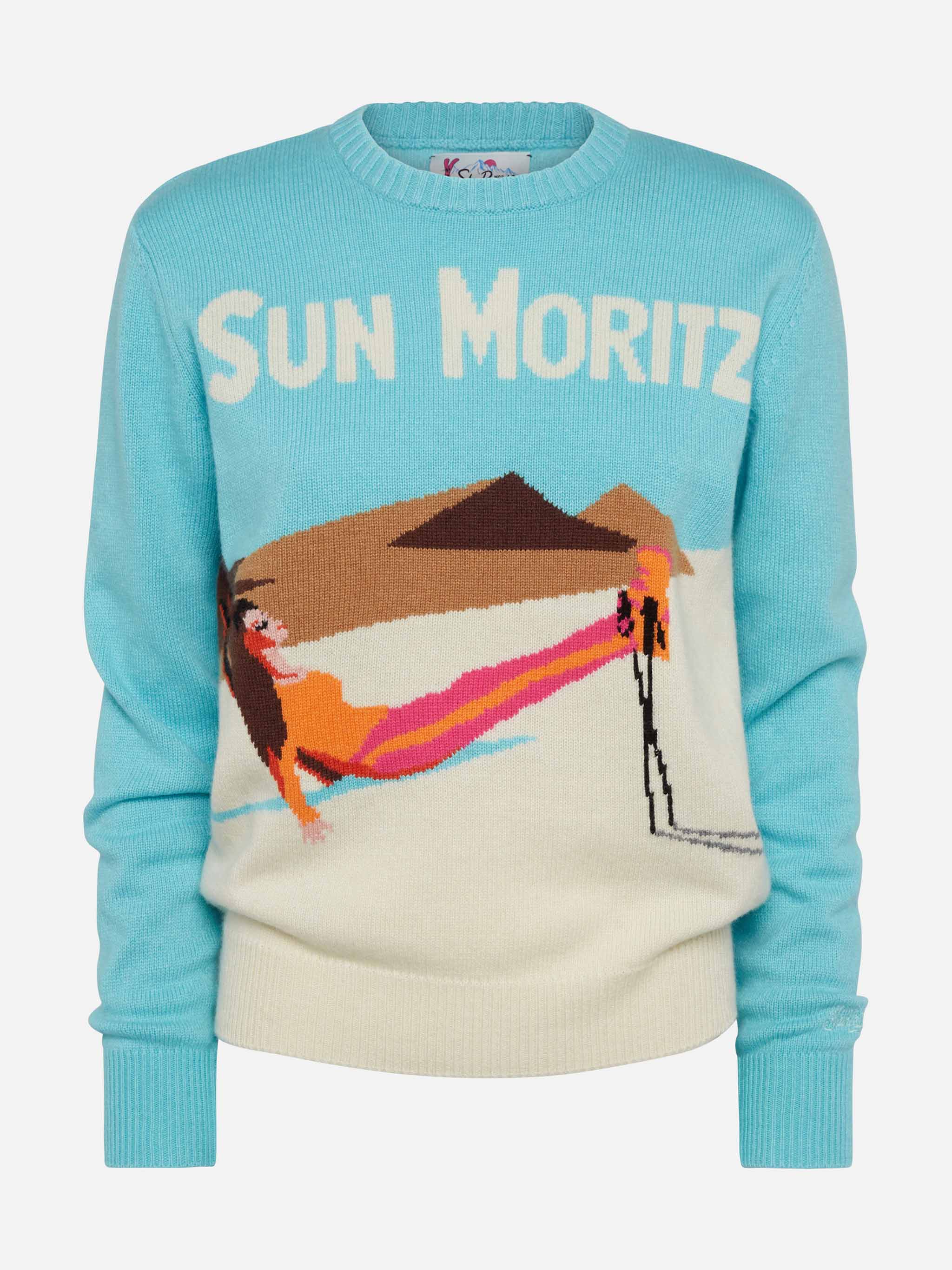 Maglione azzurro New Queen con cartolina Sun Moritz jacquard - Image 4