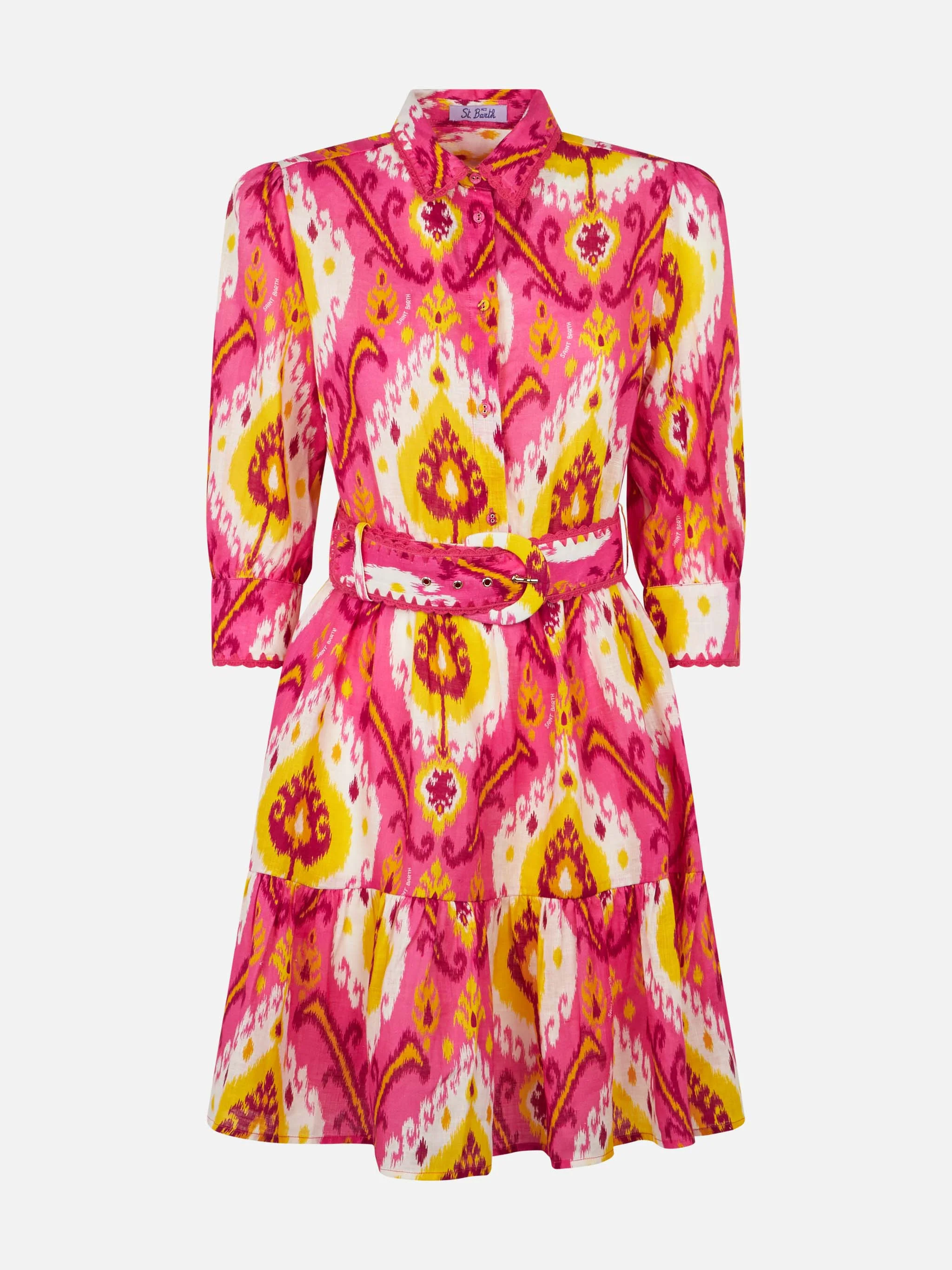 Abito corto Daisi in lino con fantasia ikat fucsia e giallo - Image 4