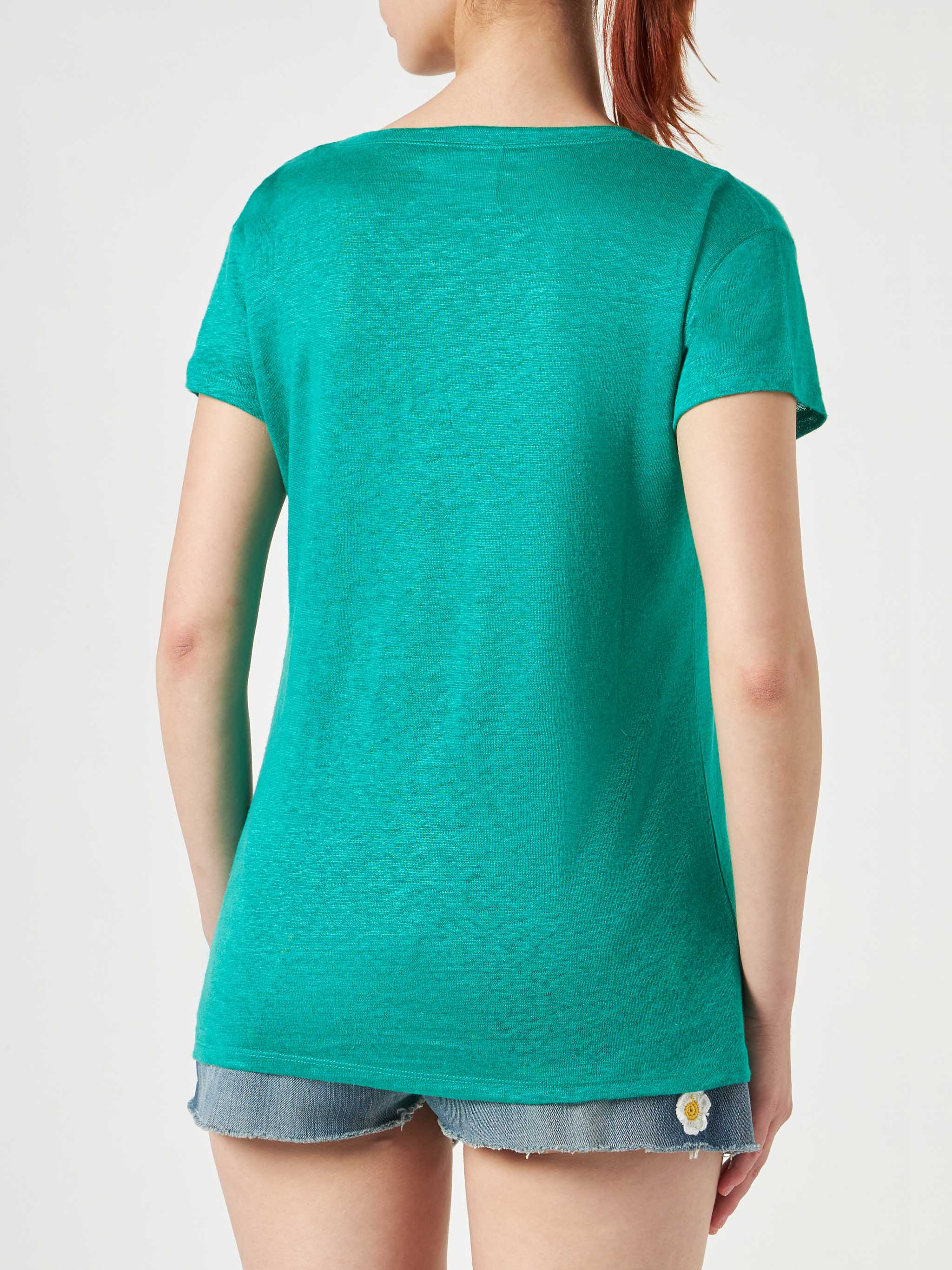 T-shirt Eloise in lino verde tinta unita - Image 3