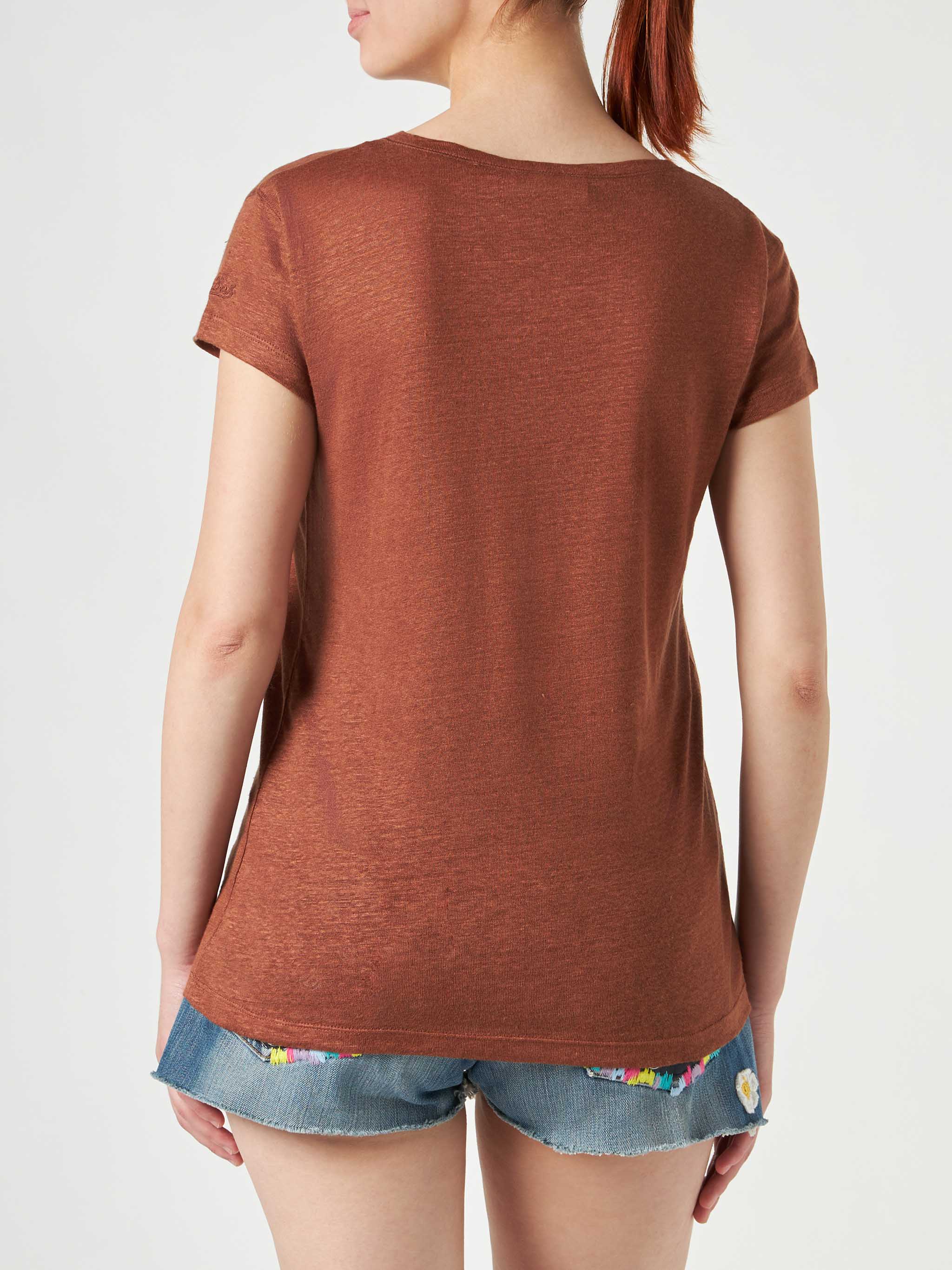 T-shirt Eloise in lino marrone tinta unita - Image 3