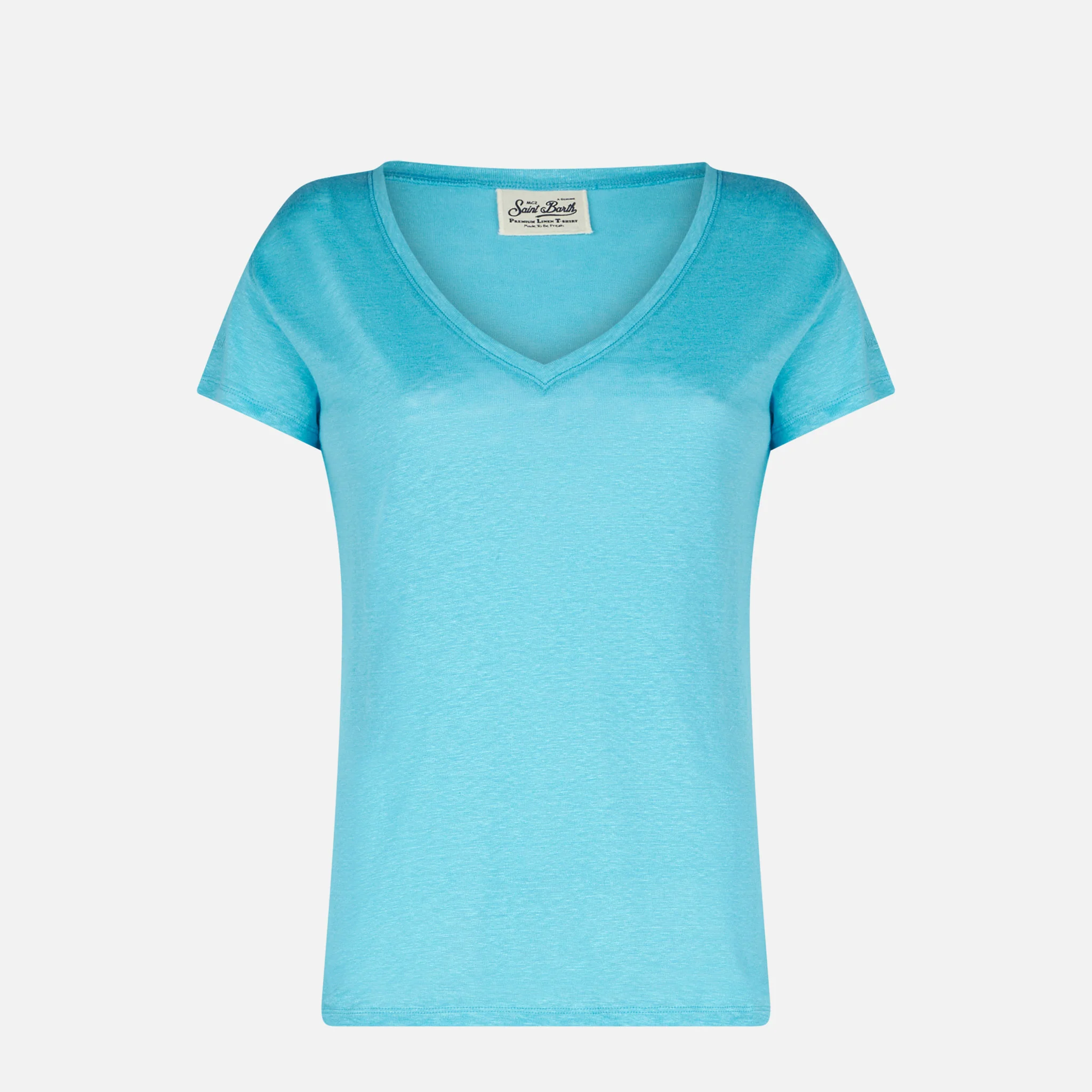 T-shirt Eloise in lino turchese tinta unita - Image 4