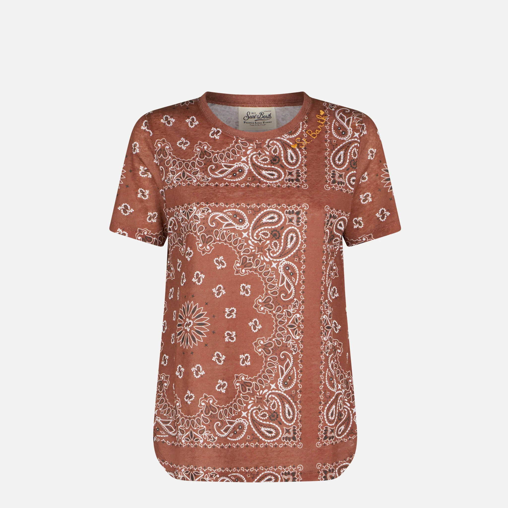 T-shirt Scarlett in lino con fantasia bandana marrone - Image 4