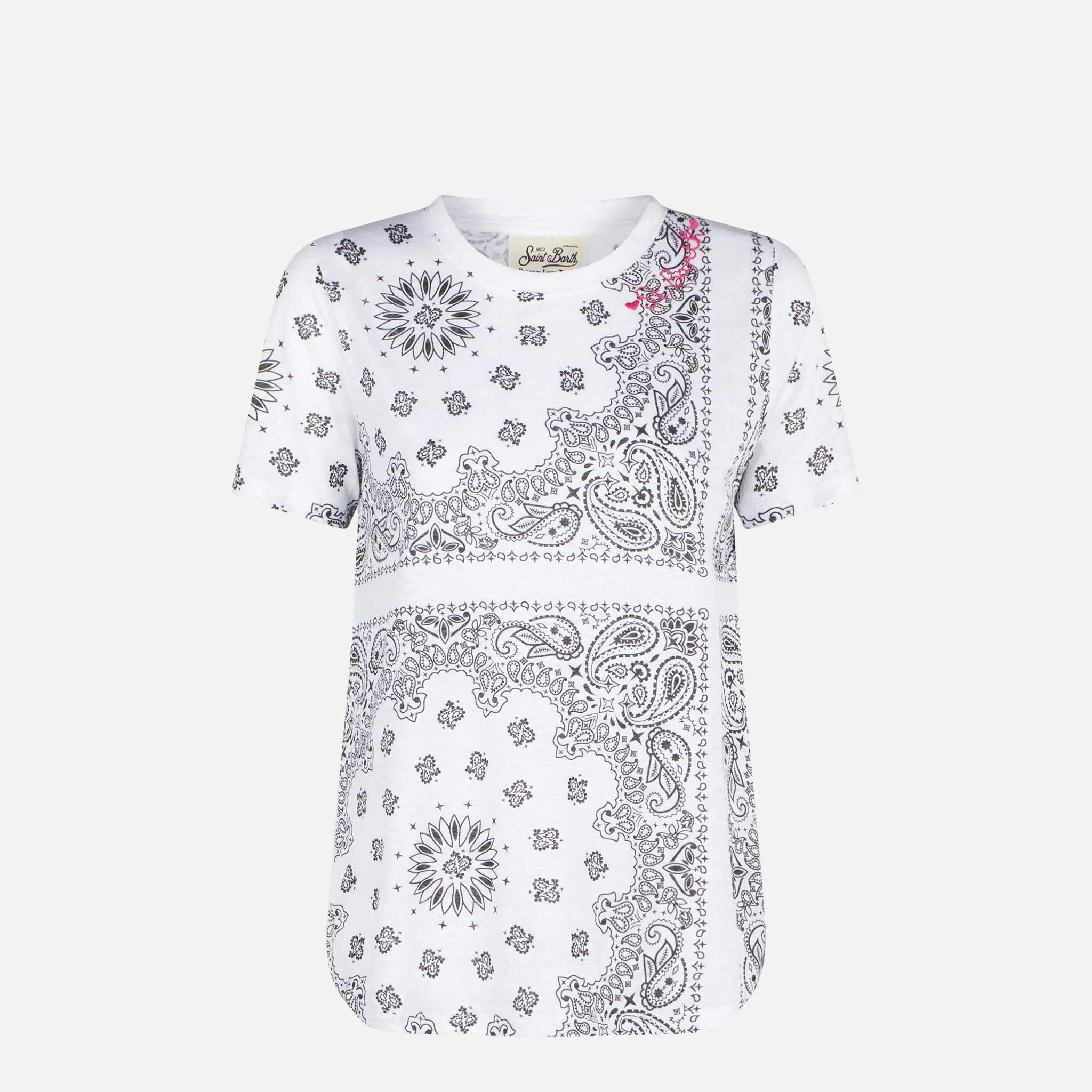 T-shirt Scarlett in lino con fantasia bandana bianca - Image 4