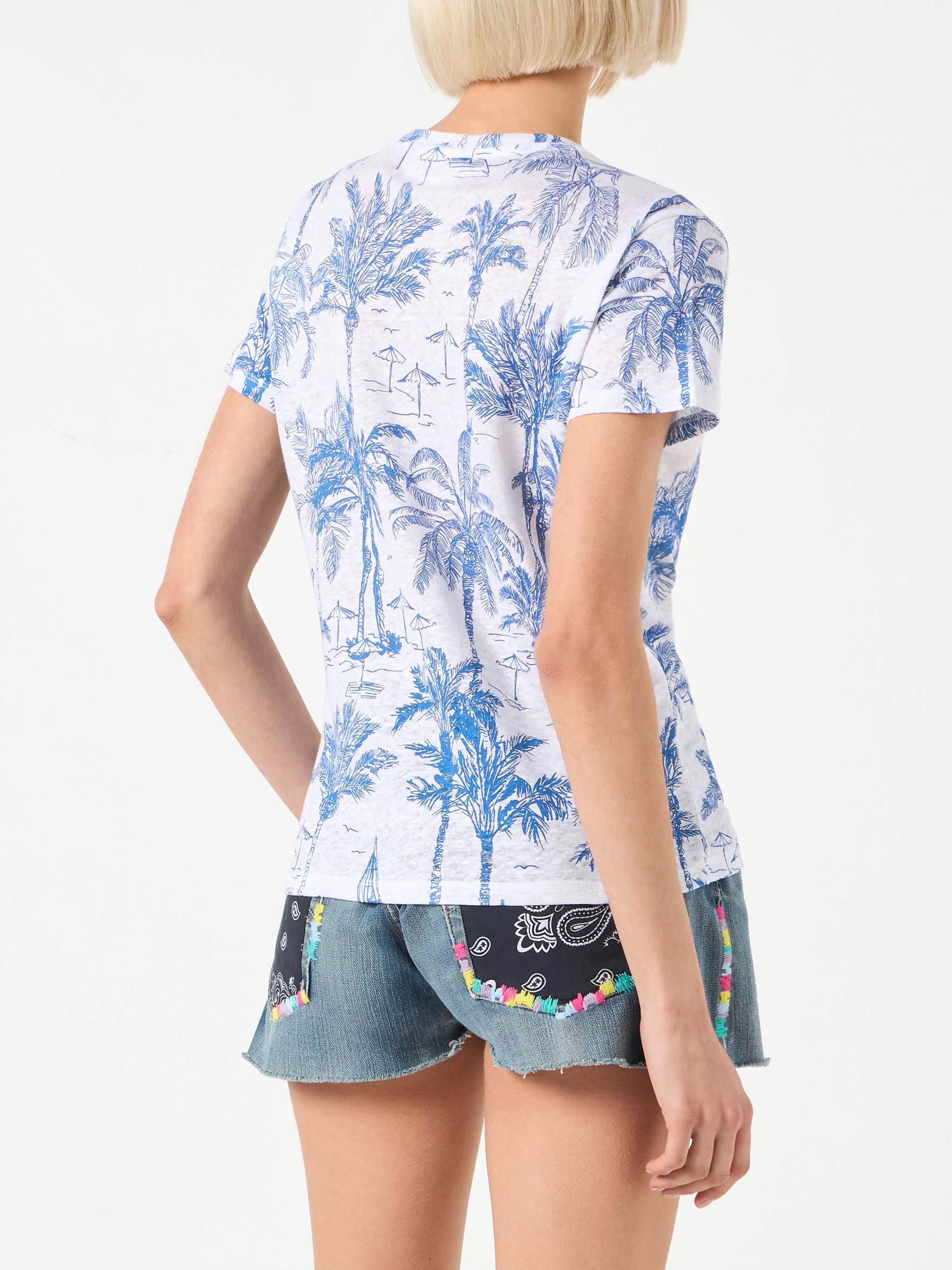 T-shirt Scarlett in lino con fantasia toile de jouy blu - Image 3