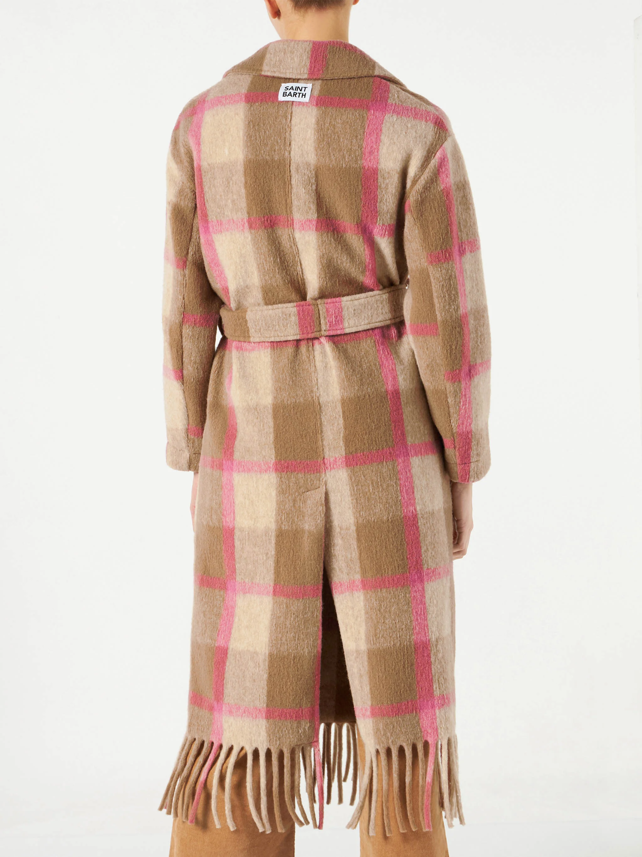 Cappotto lungo Charlot con frange a quadri marrone - Image 3
