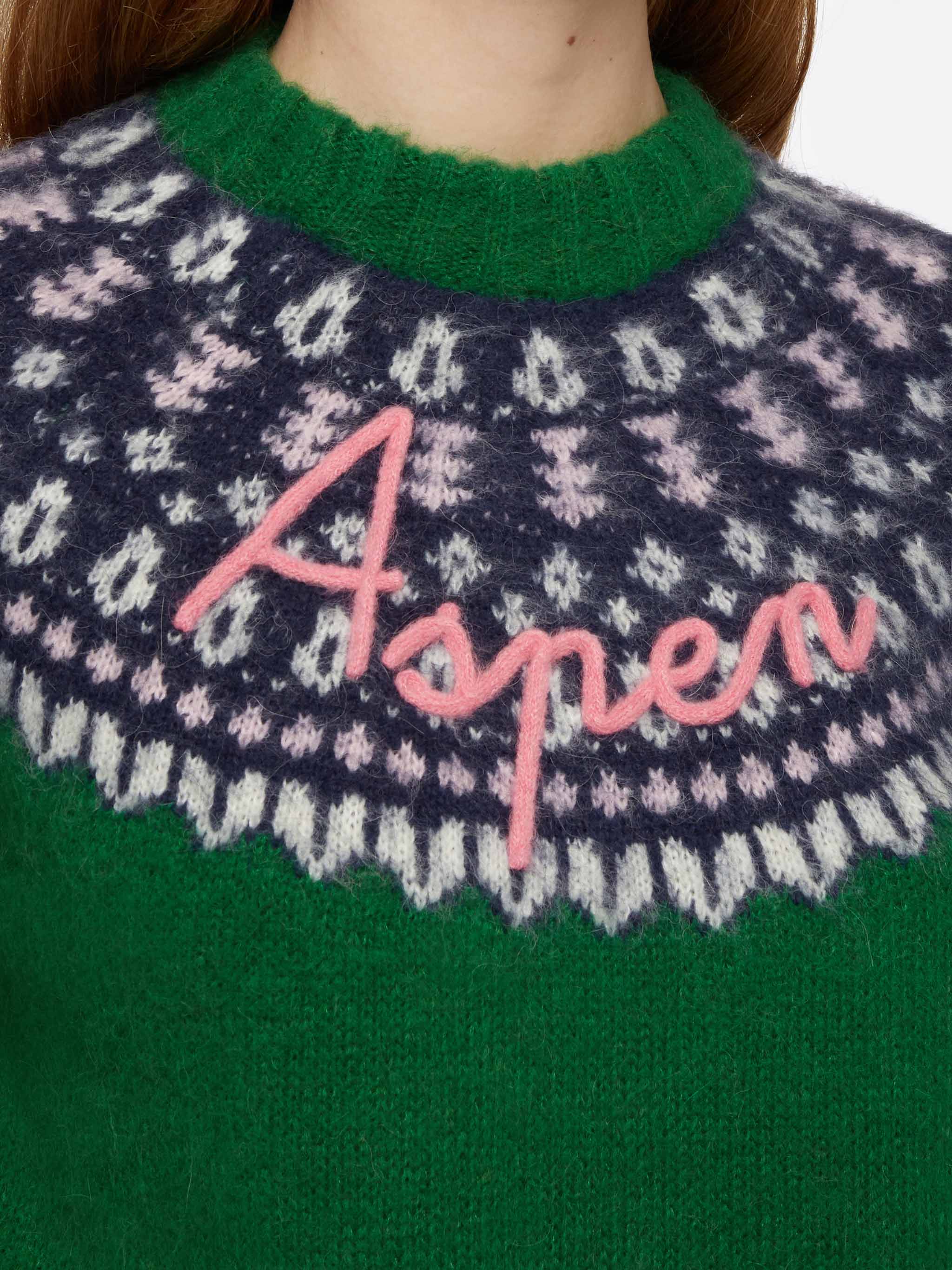 Maglione verde Queen Nordic Soft con jacquard fair isle e ricamo Aspen - Image 2