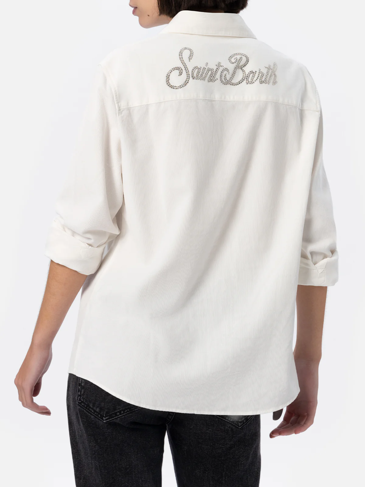 Camicia Deer in tessuto effetto velluto a coste panna con strass - Image 3