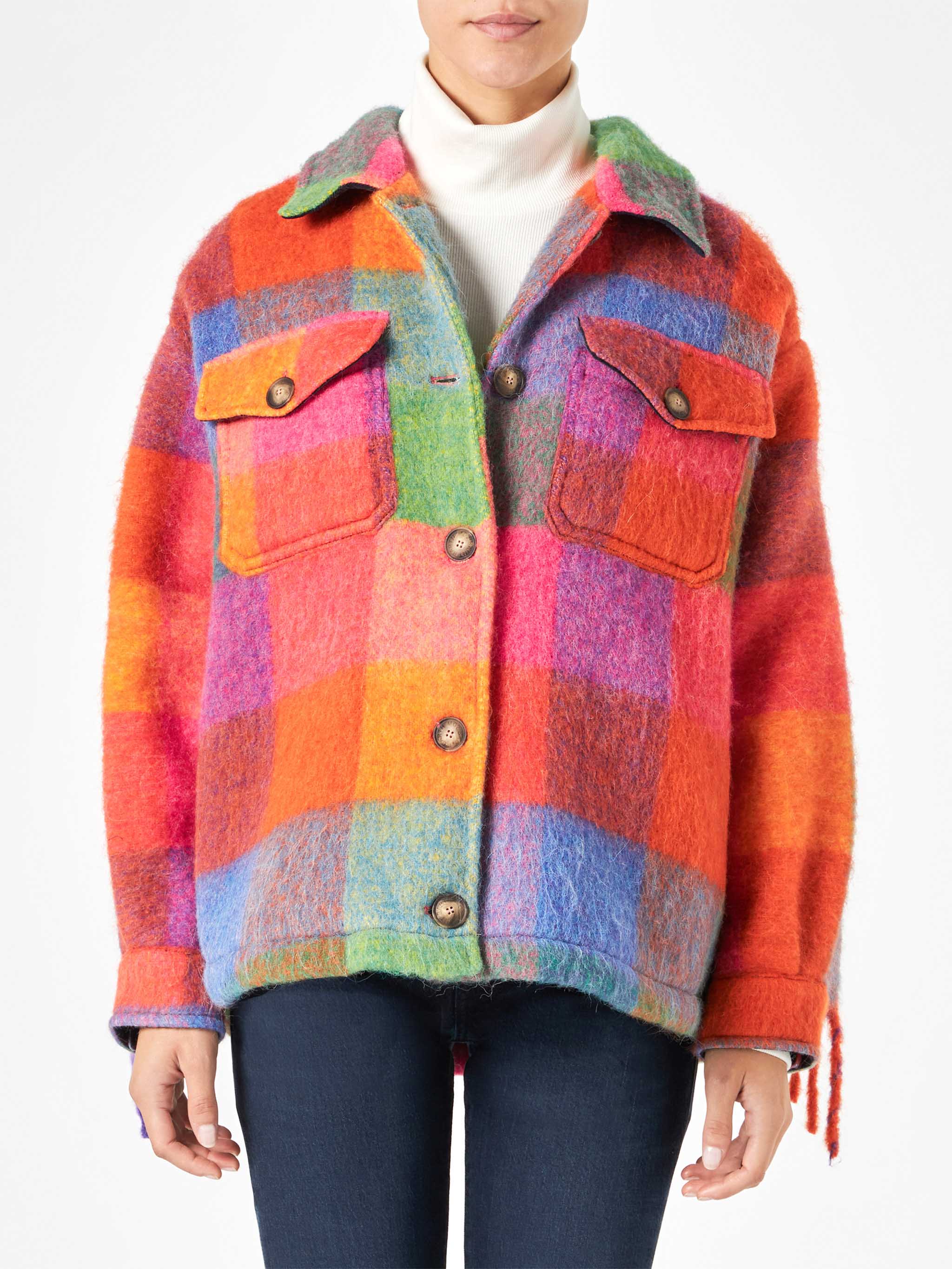 Overshirt Marceline fantasia check multicolor con frange - Image 3