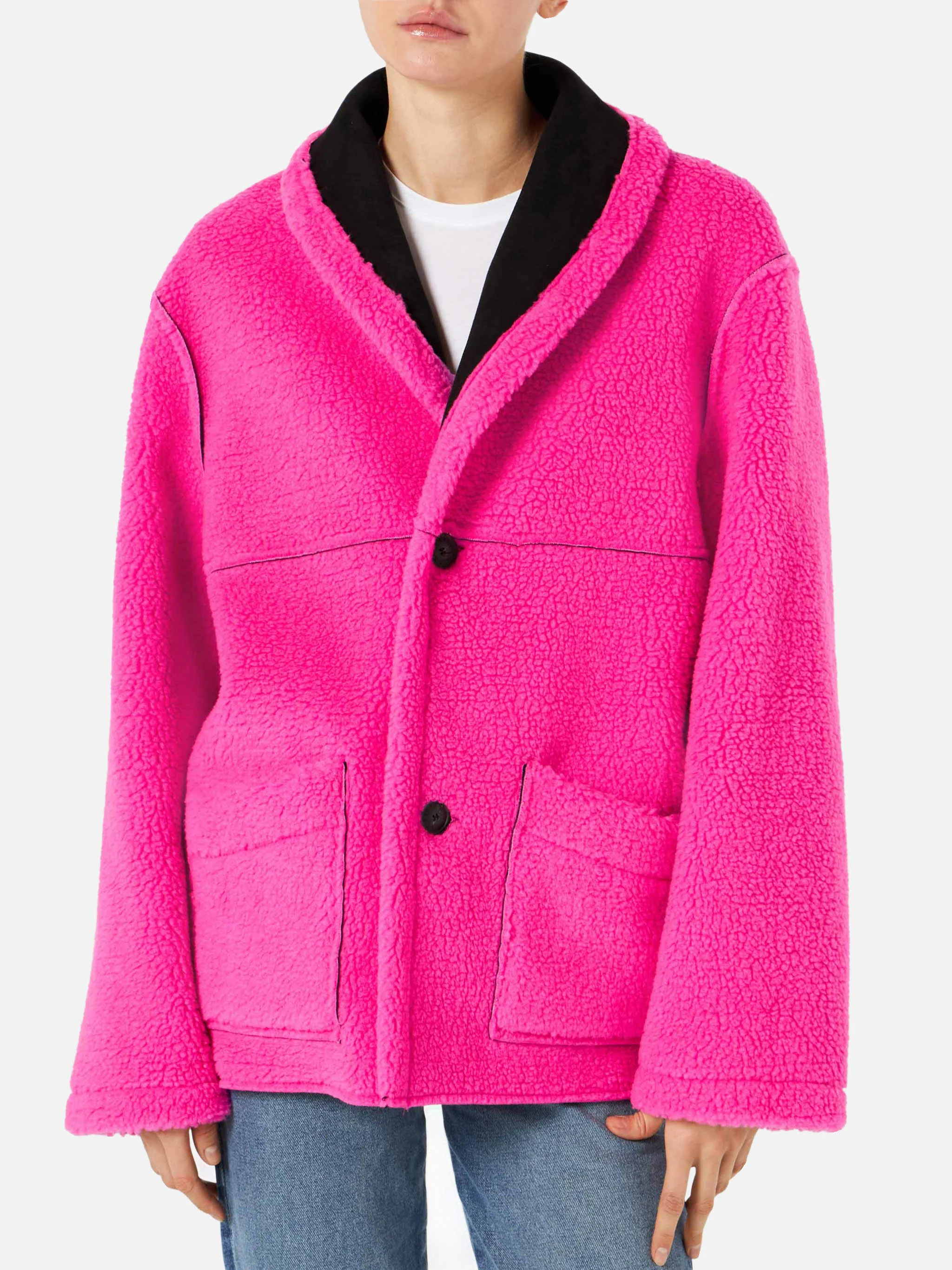 Cappotto Dorys in shearling reversibile nero e fucsia fluo - Image 2
