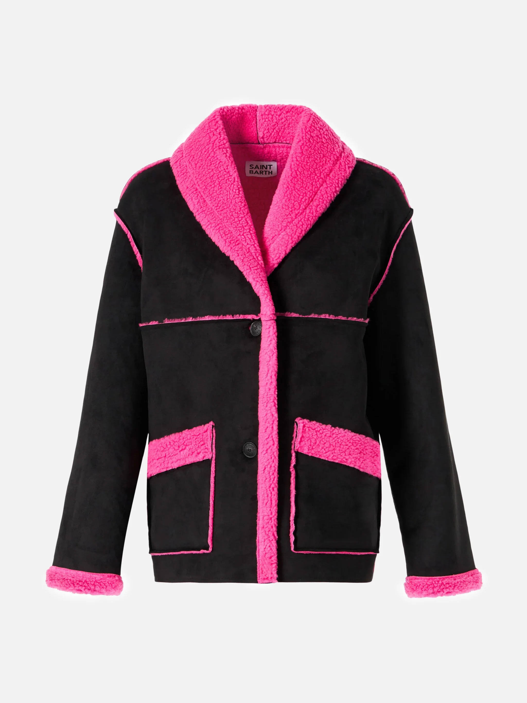 Cappotto Dorys in shearling reversibile nero e fucsia fluo - Image 5