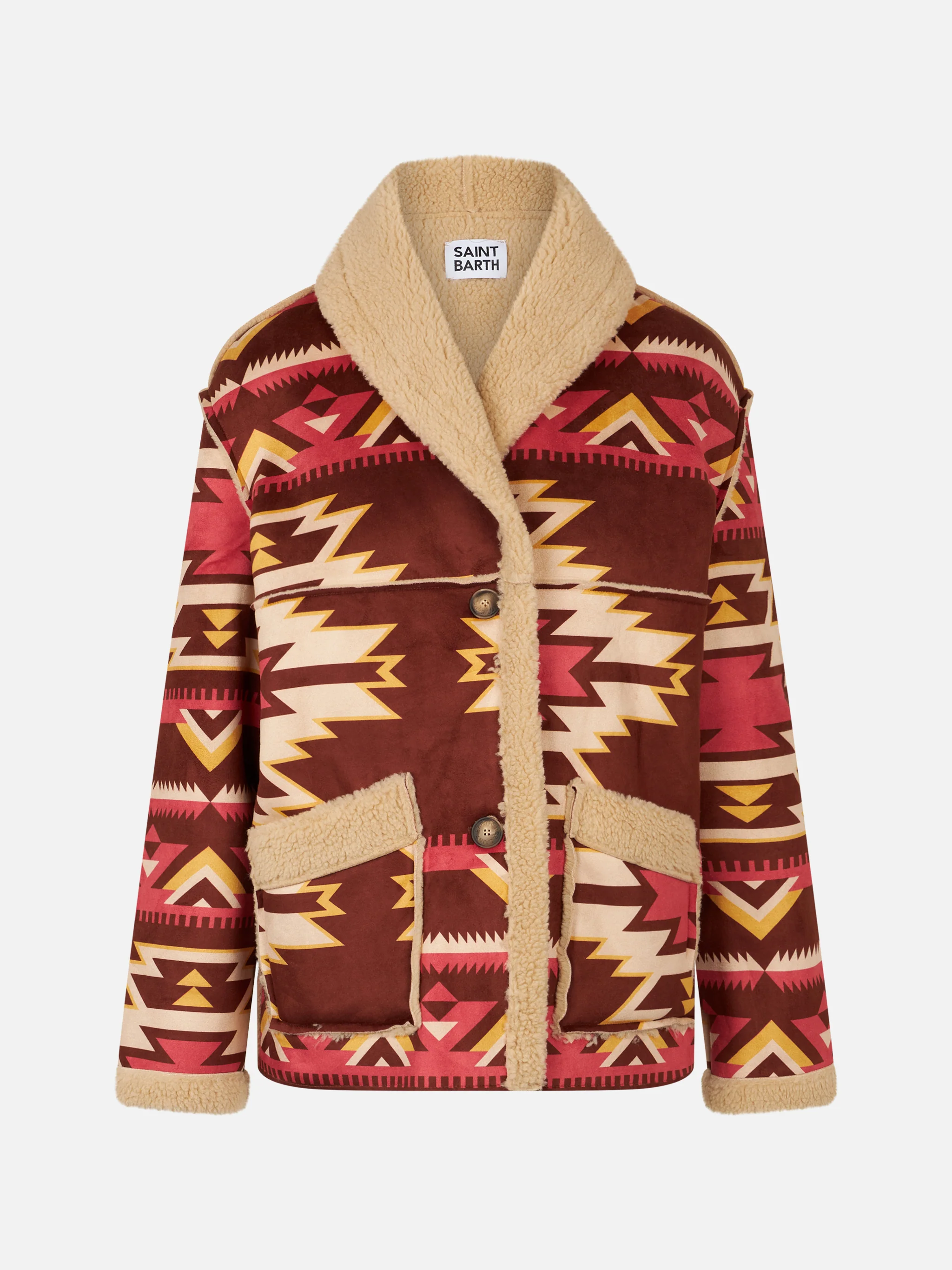 Cappotto Dorys in shearling reversibile beige con fantasia etnica - Image 6