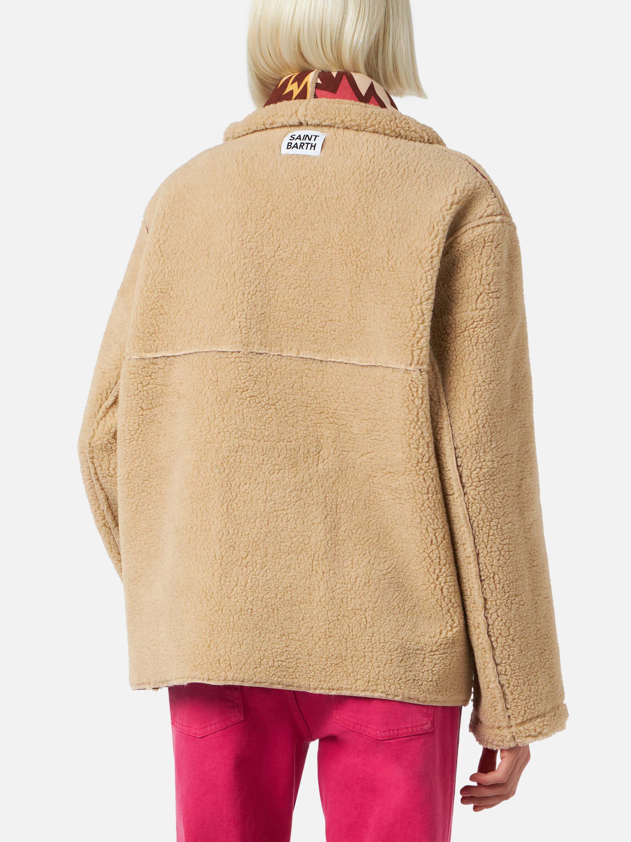 Cappotto Dorys in shearling reversibile beige con fantasia etnica - Image 7