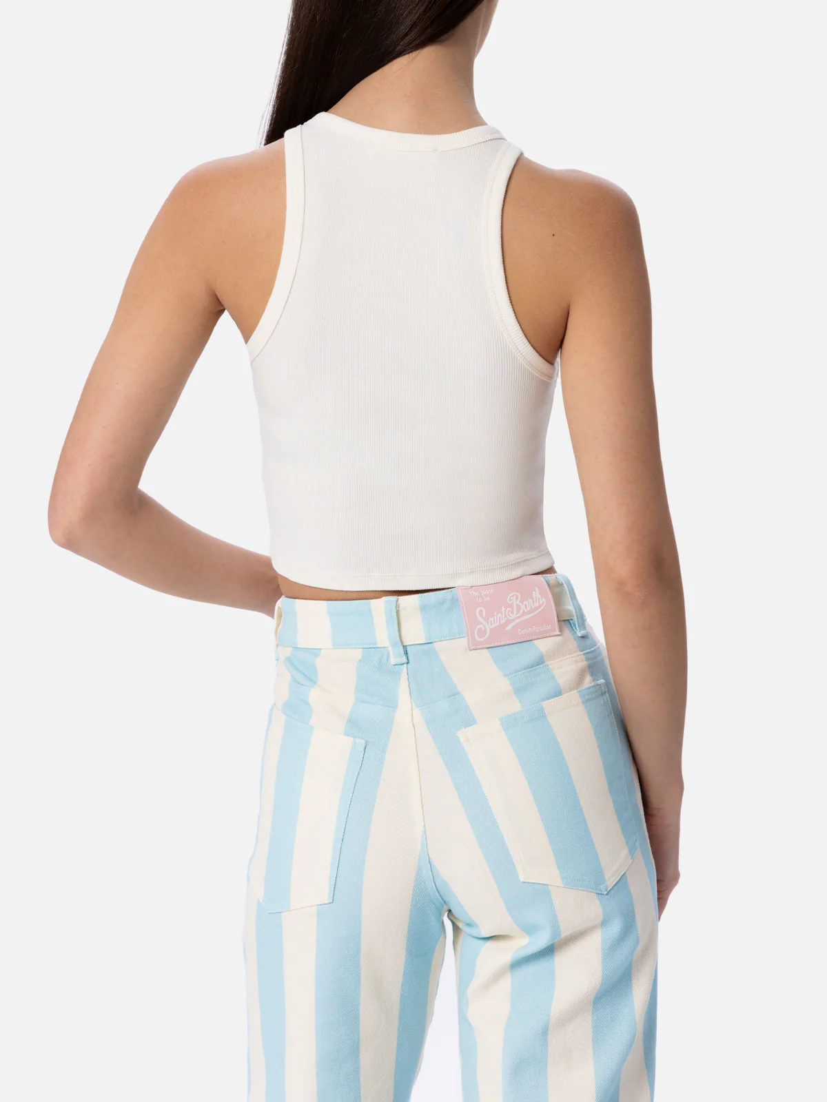 Canottiera Blue in cotone a costine bianco con ricamo St. Barth Beach Club - Image 3