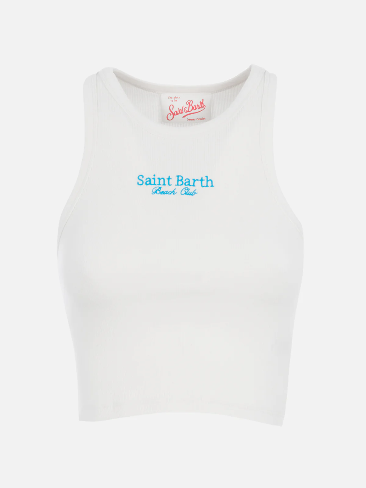 Canottiera Blue in cotone a costine bianco con ricamo St. Barth Beach Club - Image 4