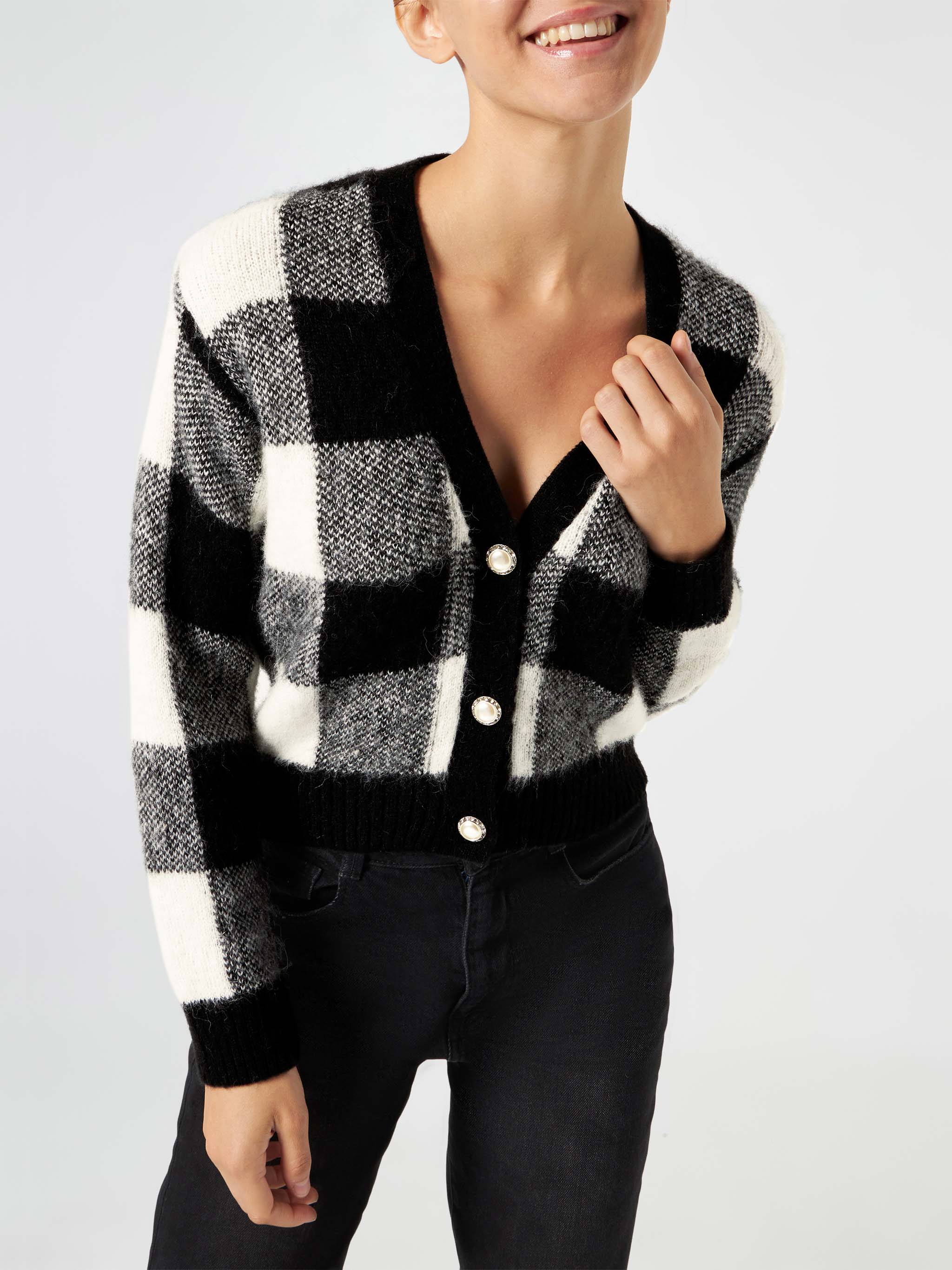 Cardigan corto Megeve fantasia vichy con bottoni gioiello - Image 2