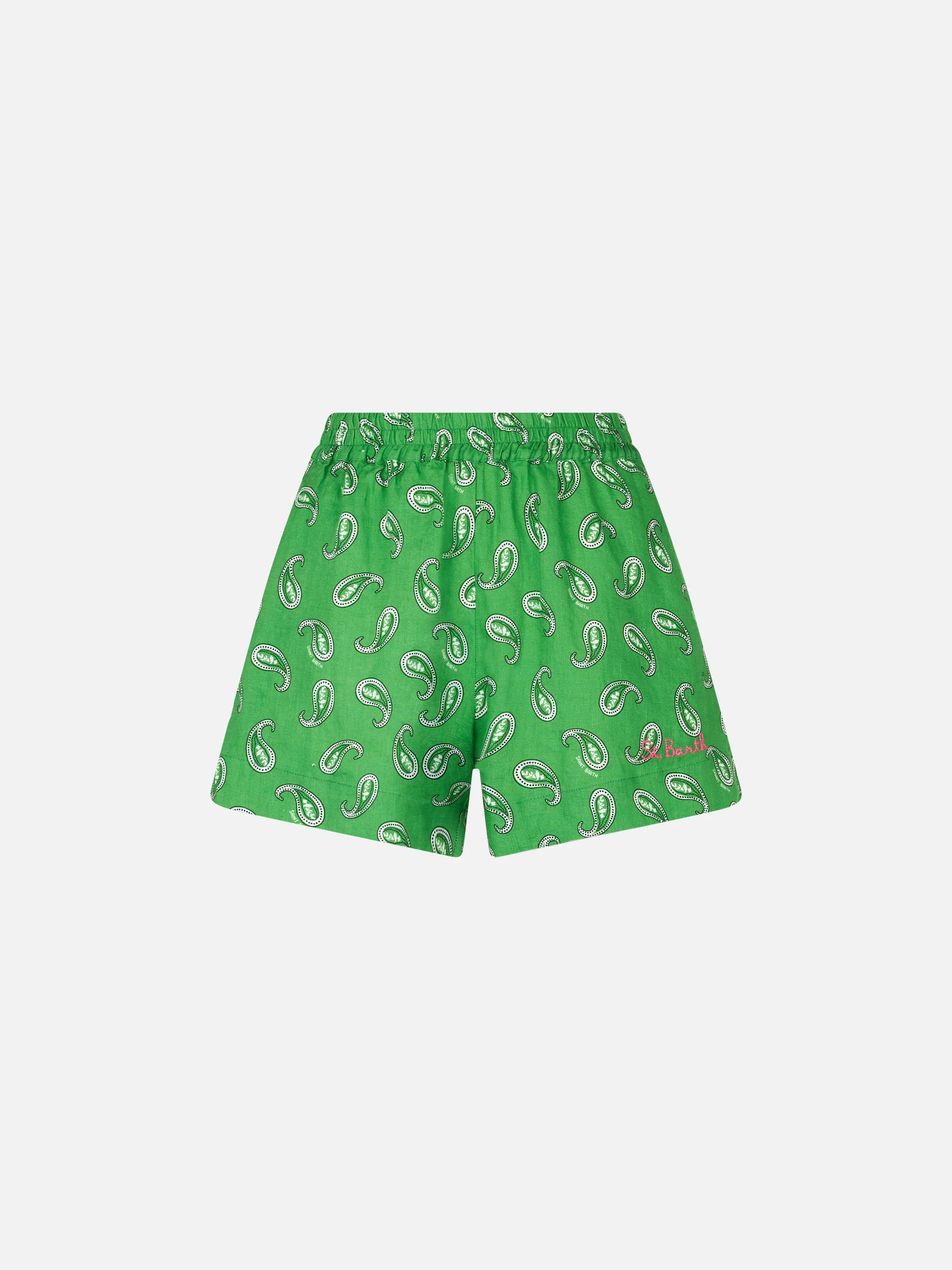 Short Lierre in lino con stampa paisley verde - Image 4