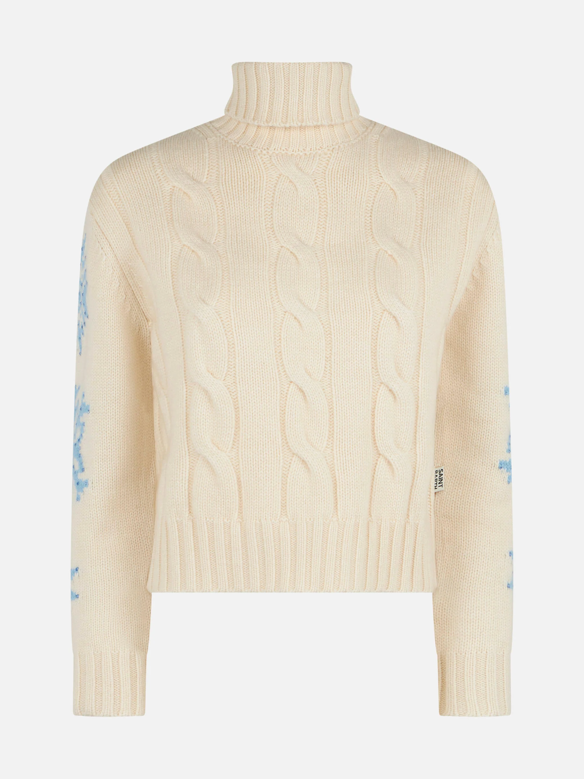 Maglione Adler a collo alto intrecciato bianco con fiocchi di neve e strass - Image 4