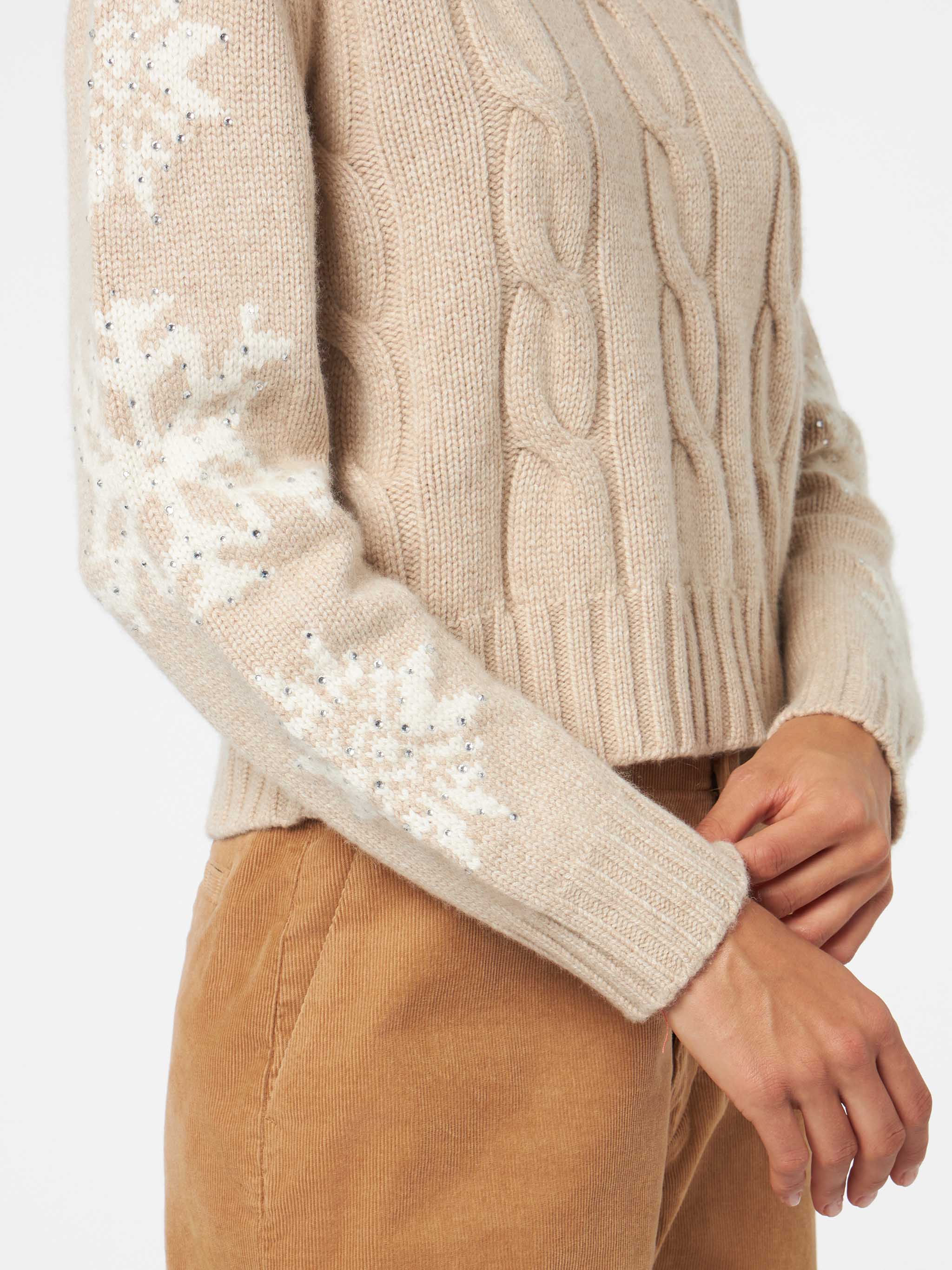 Maglia Adler collo alto in maglia intrecciata beige con strass - Image 2