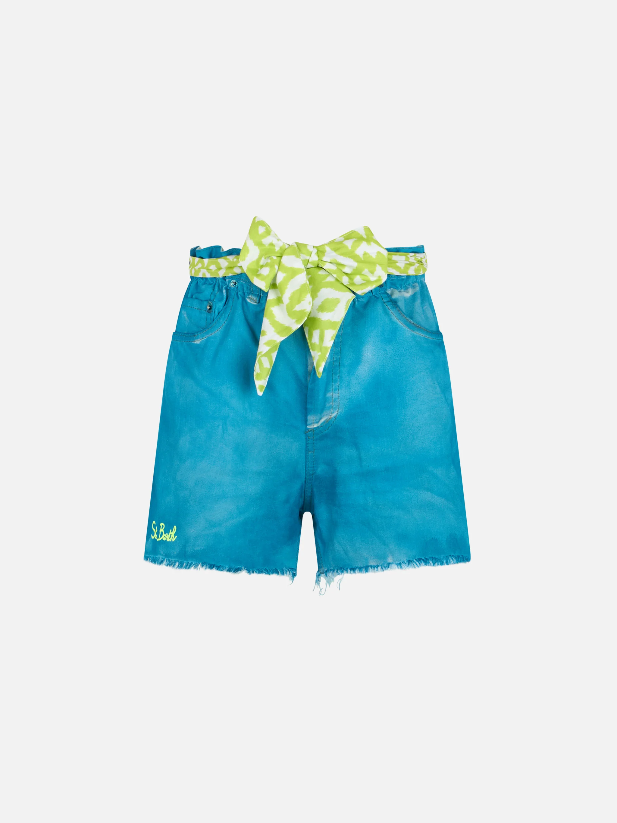 Short Arizona in denim turchese con ricami e applicazioni - Image 5