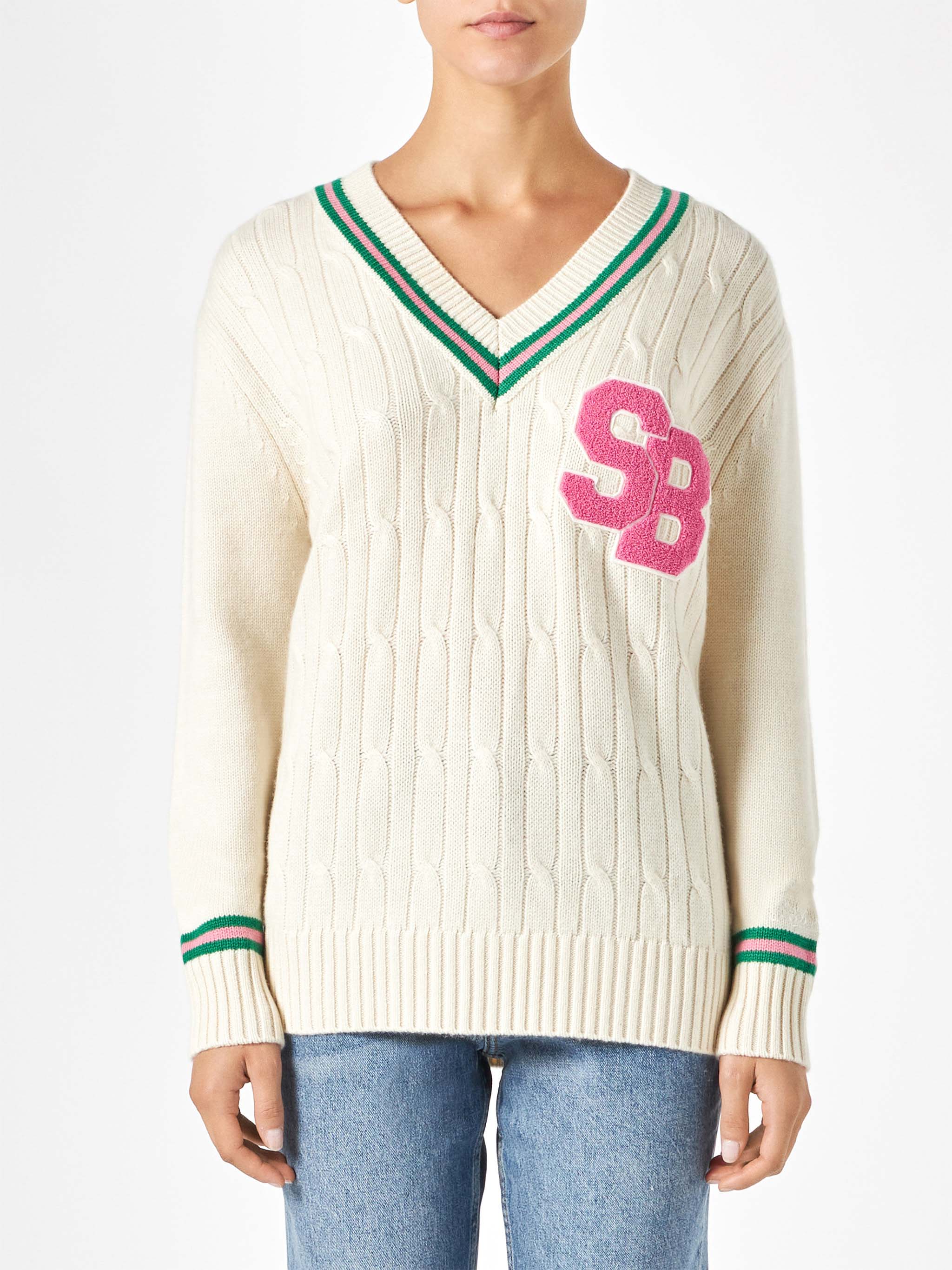 Maglia Roger scollo a V in cashmere misto bianco con patch - Image 2