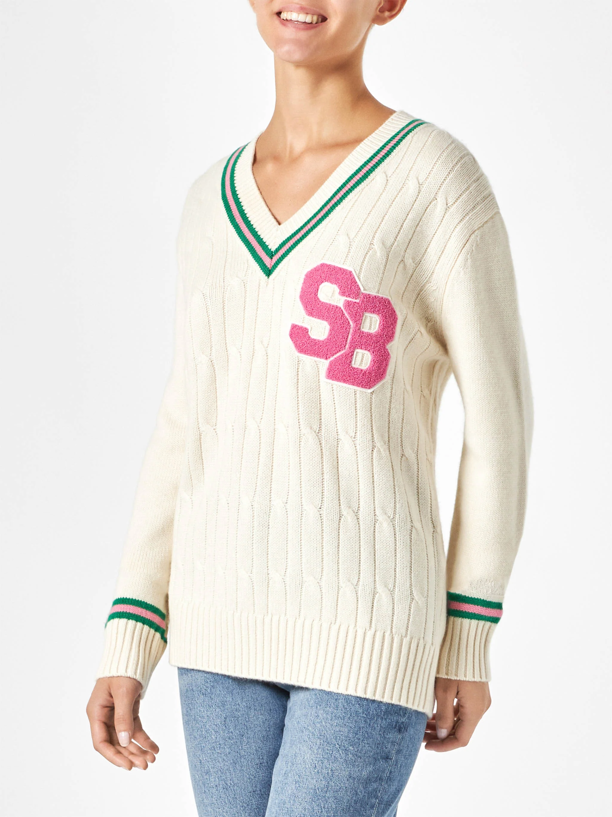 Maglia Roger scollo a V in cashmere misto bianco con patch - Image 3