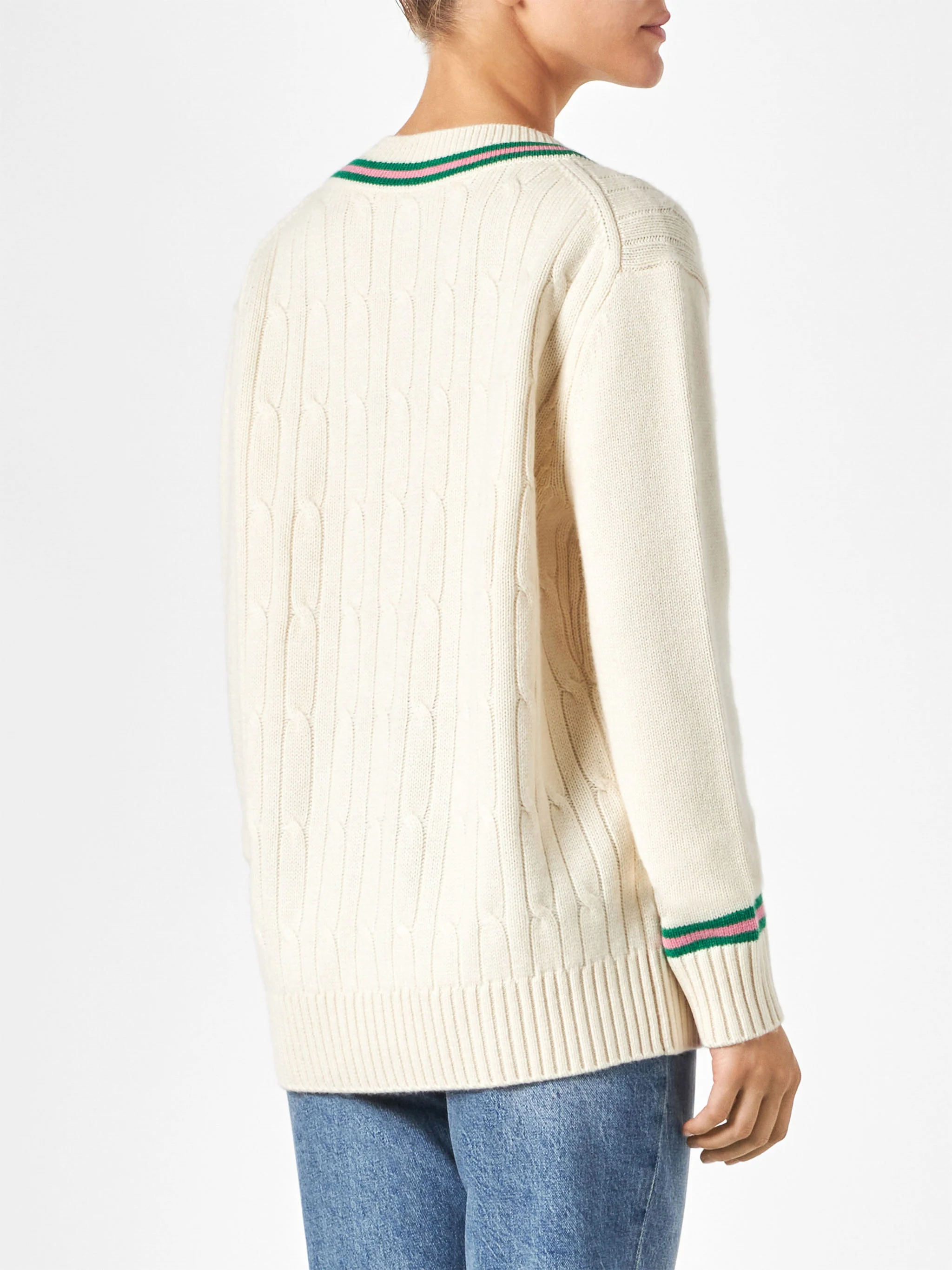 Maglia Roger scollo a V in cashmere misto bianco con patch - Image 4