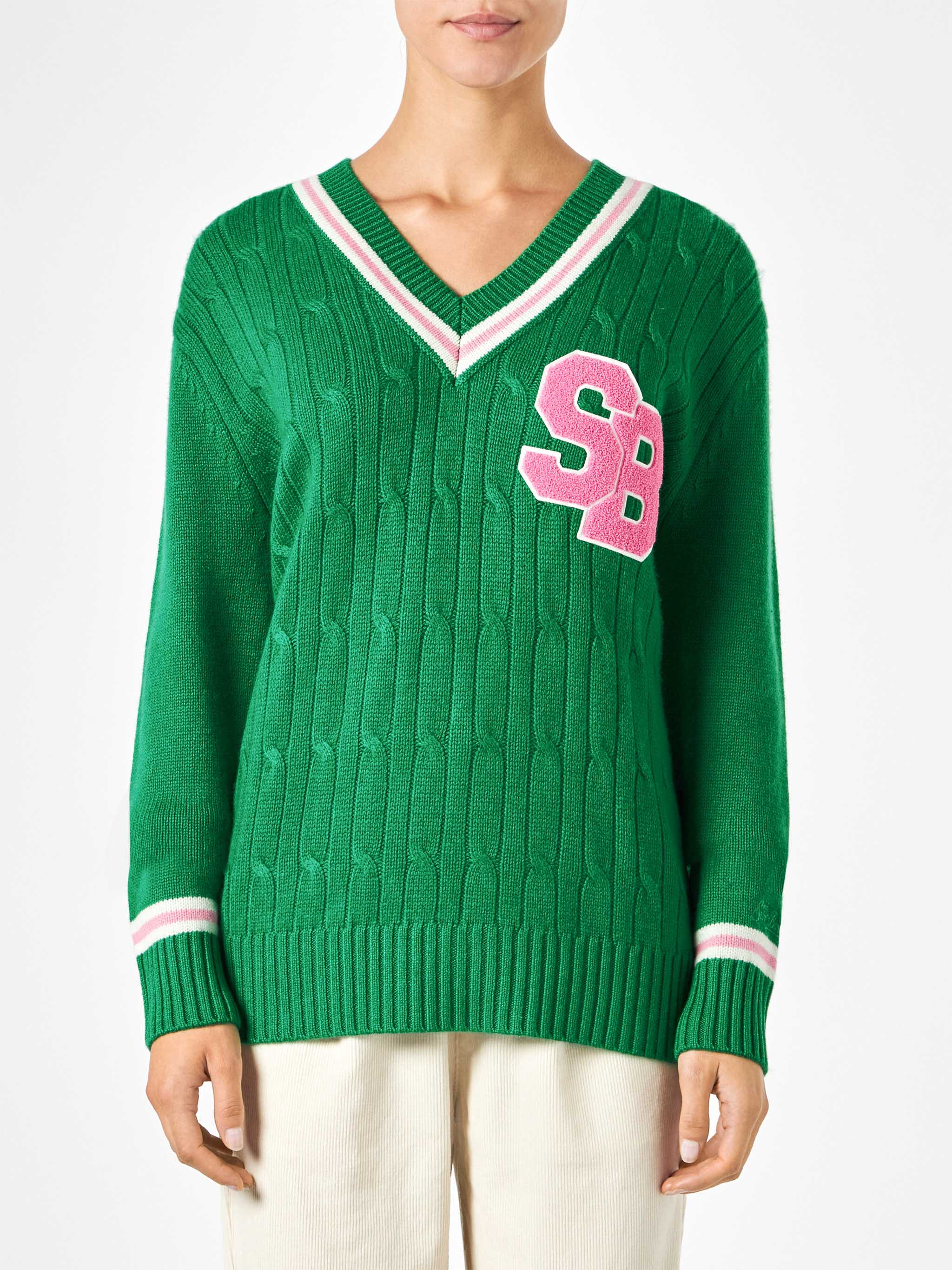Maglione Roger con scollo a V intrecciato verde tinta unita - Image 2