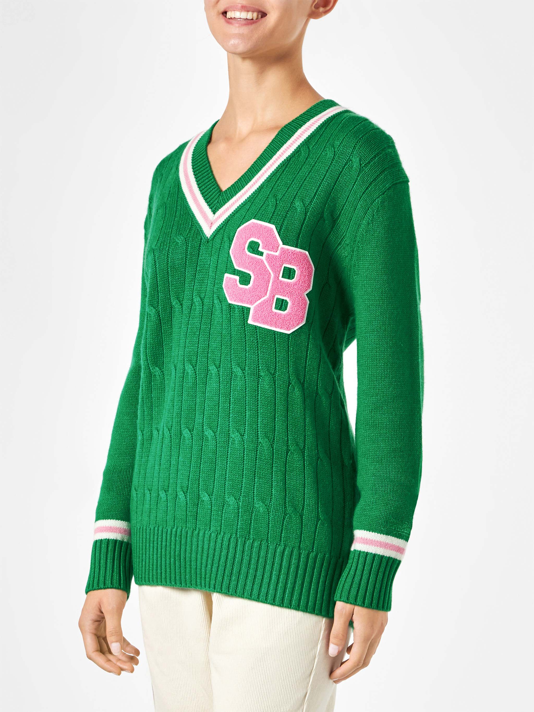 Maglione Roger con scollo a V intrecciato verde tinta unita - Image 3