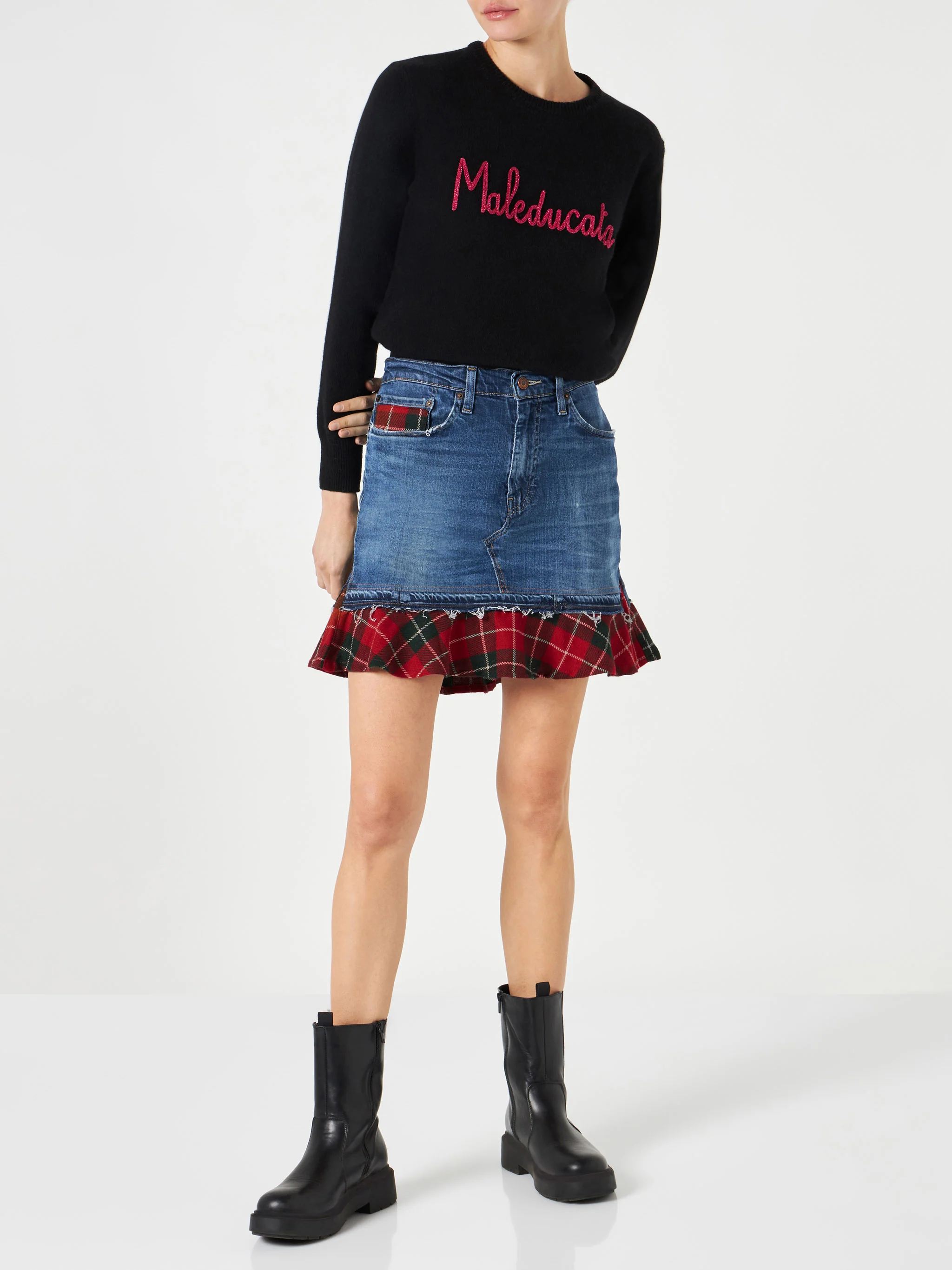 Gonna Chelsy in denim con dettagli tartan - Image 2