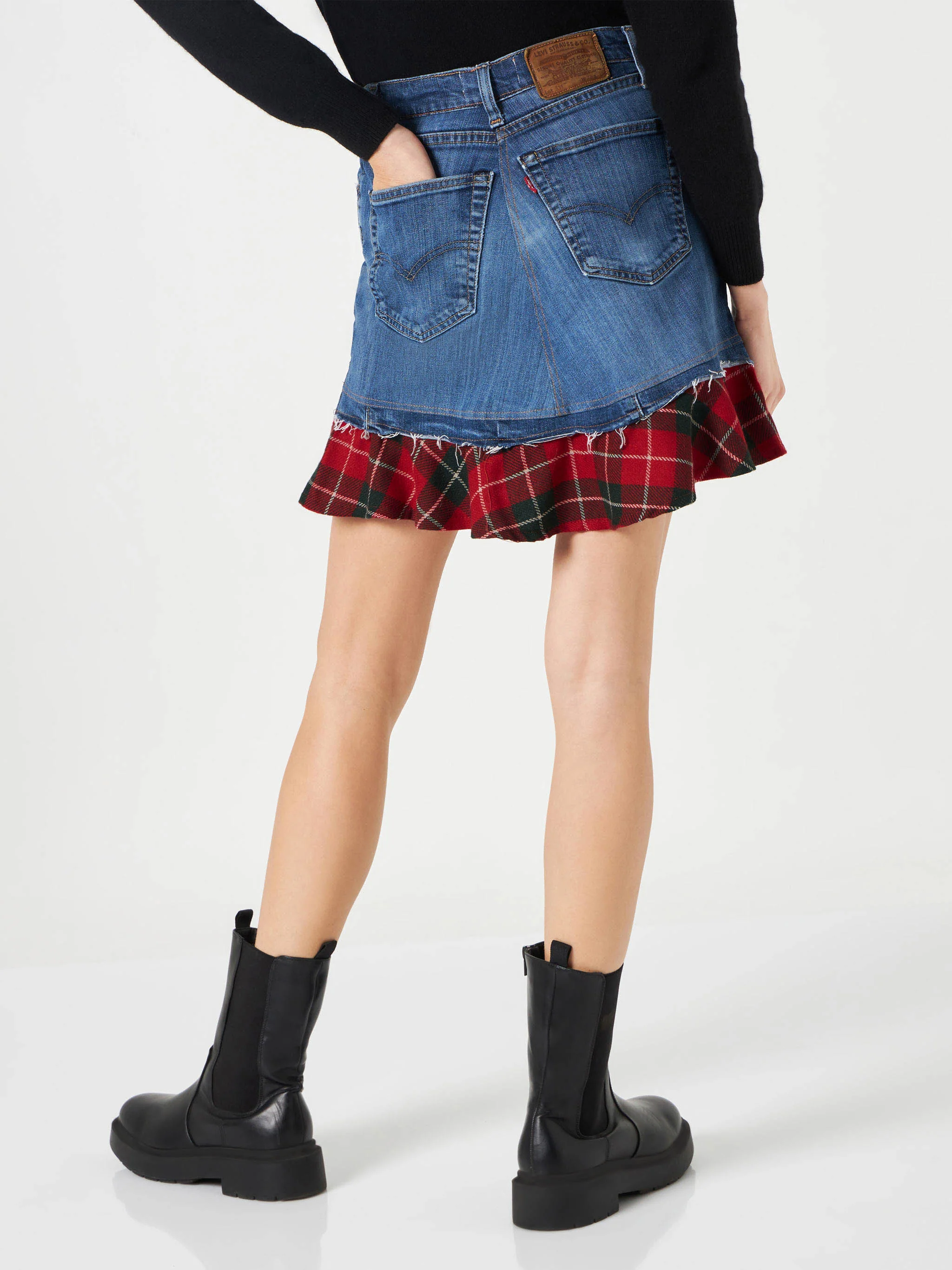 Gonna Chelsy in denim con dettagli tartan - Image 3