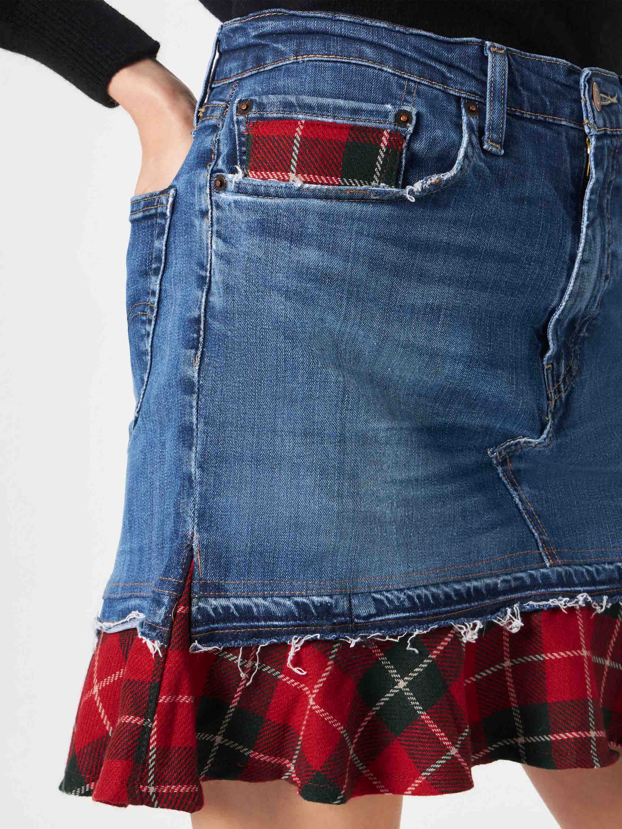 Gonna Chelsy in denim con dettagli tartan - Image 4