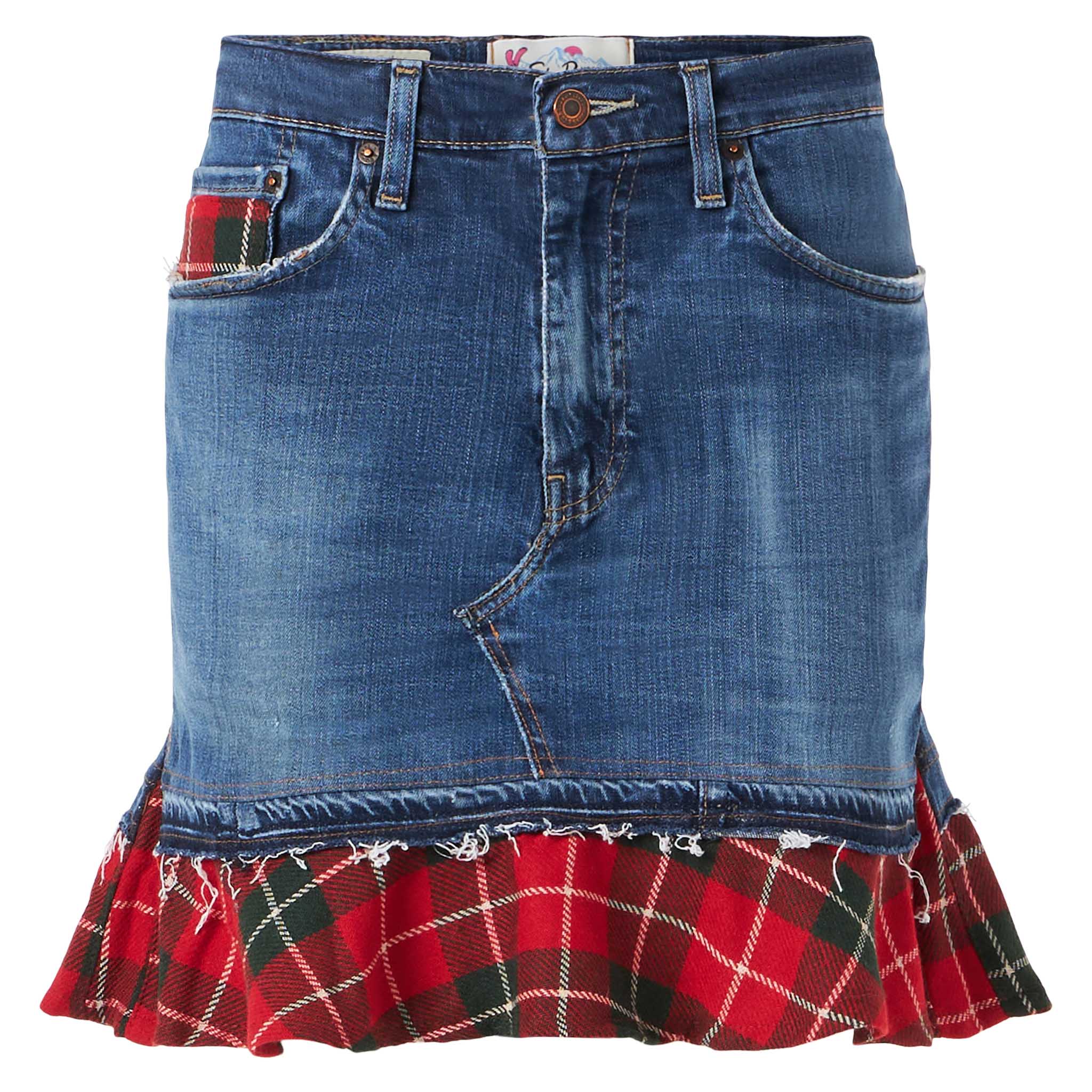 Gonna Chelsy in denim con dettagli tartan - Image 5