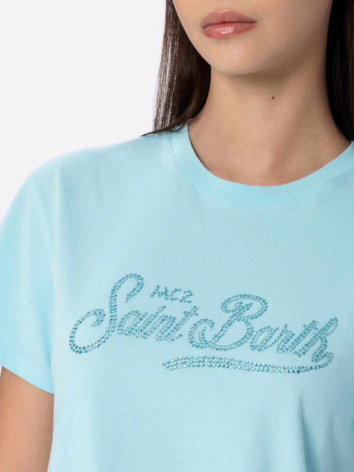T-shirt Emilie in cotone verde acqua con strass - Image 2