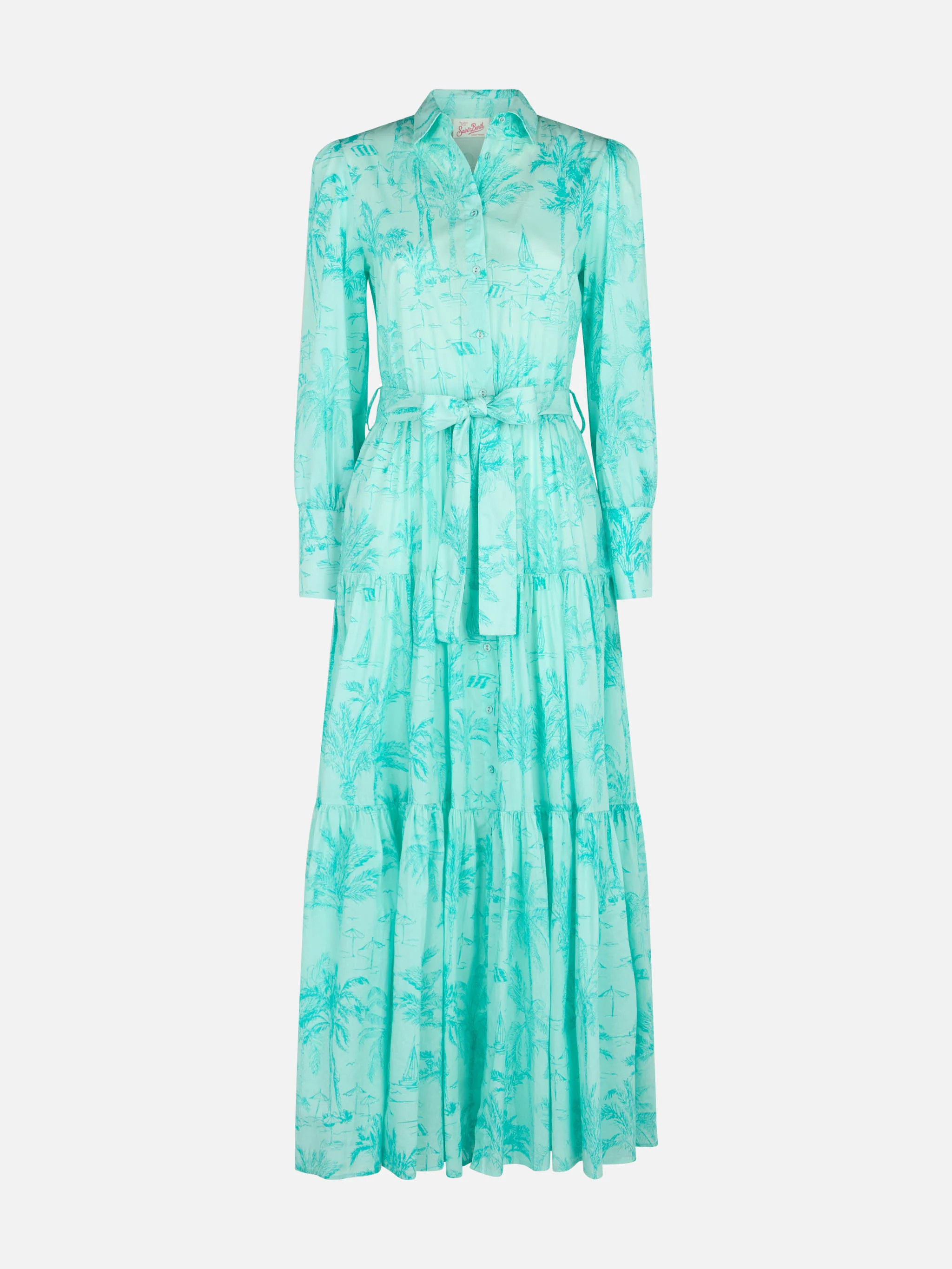 Abito Jensen lungo in cotone stampa toile de jouy verde acqua - Image 4