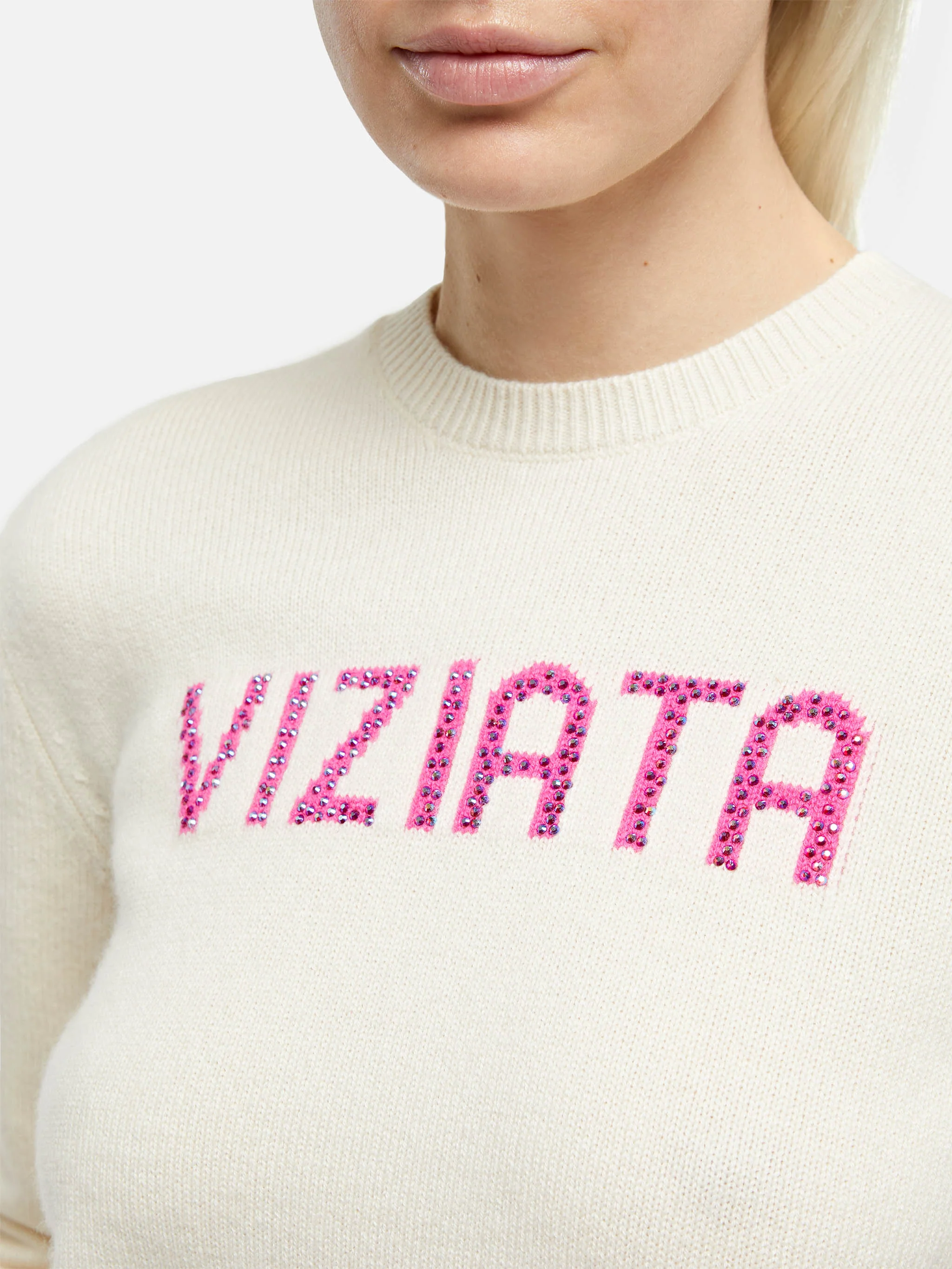 Maglia New Queen con jacquard Viziata e strass bianca - Image 2