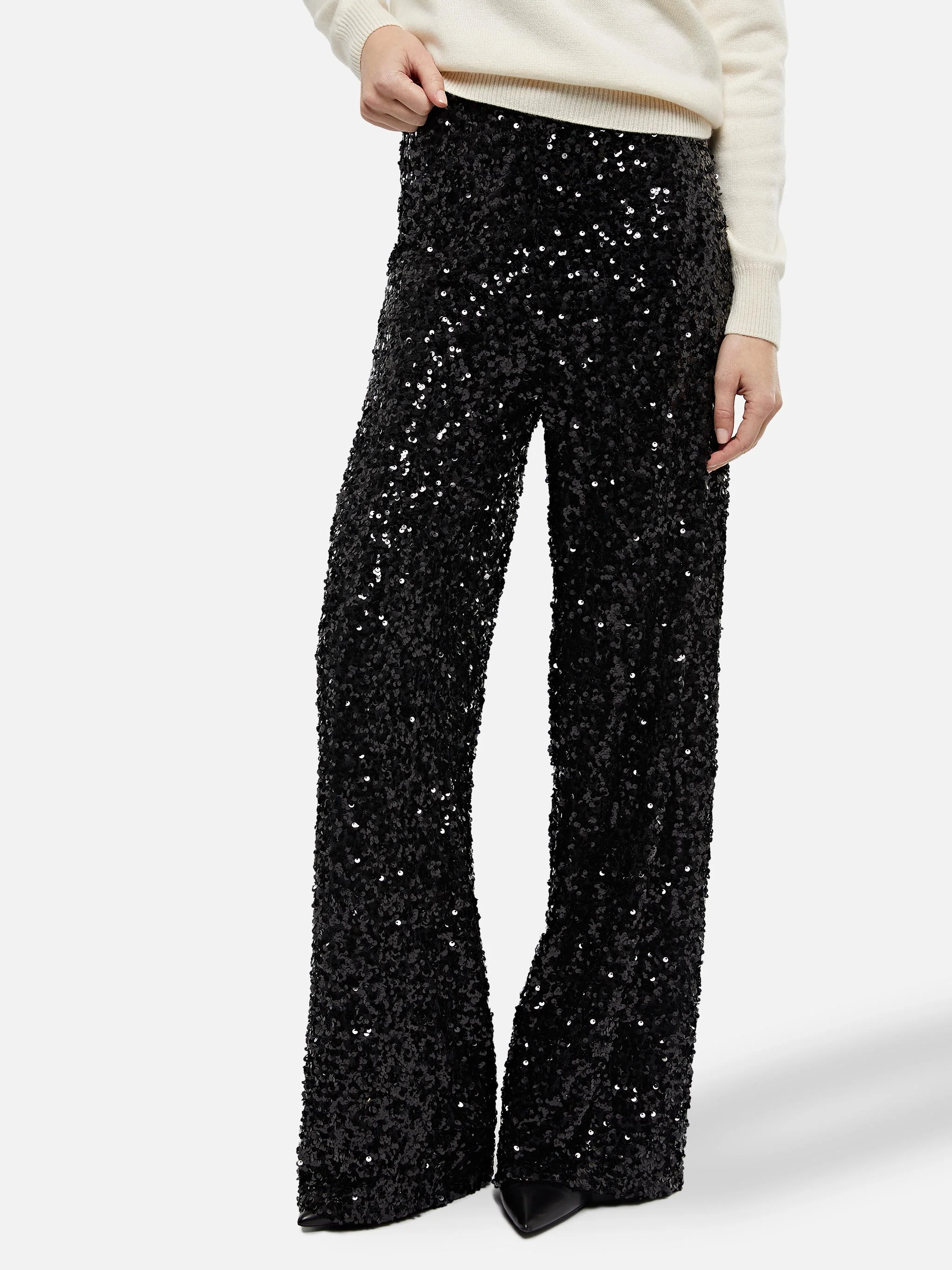 Pantaloni Lucette a gamba ampia con paillettes nere - Image 4