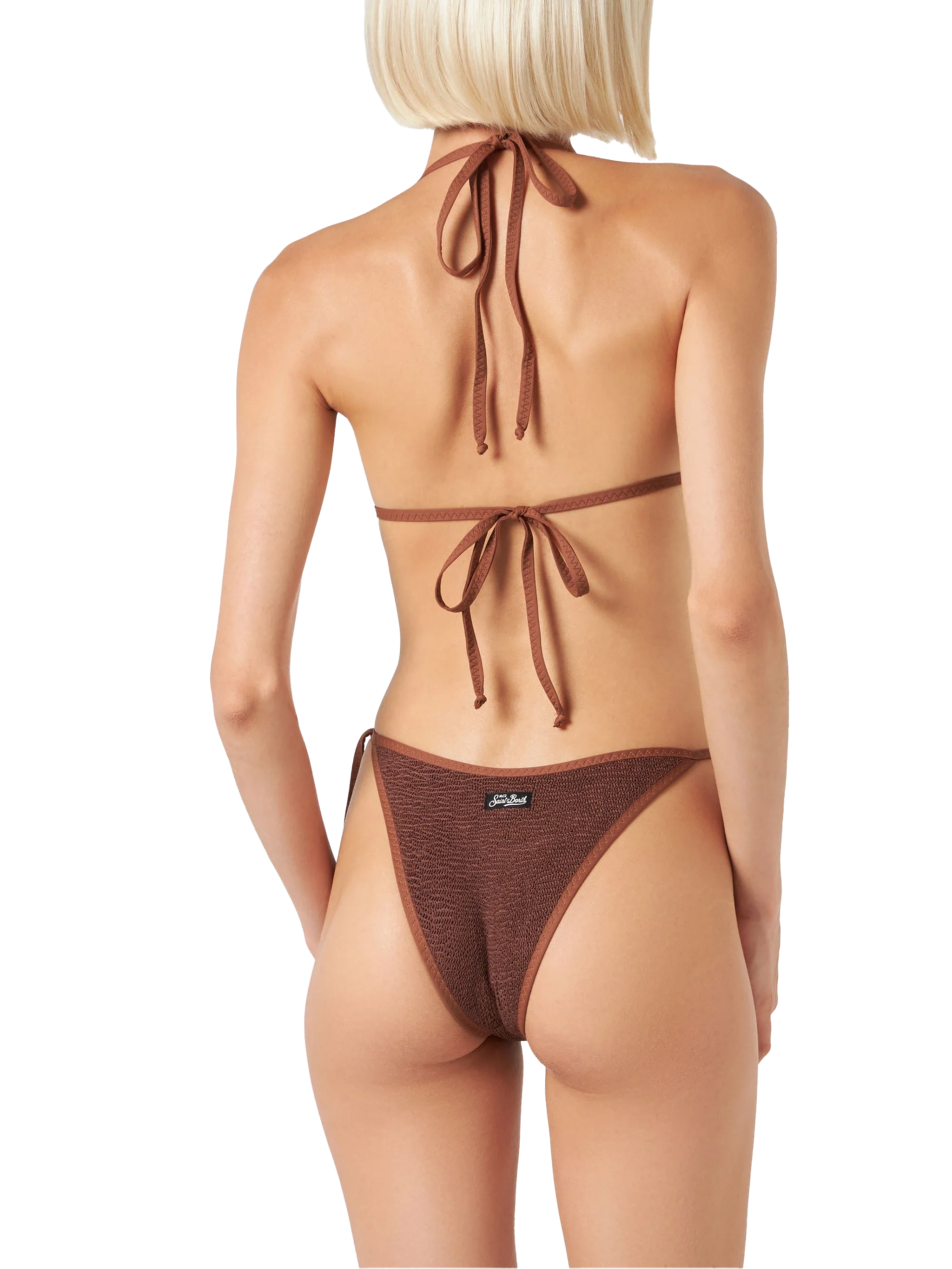 Bikini Leah Marielle triangolo in tessuto crinkle marrone con piping - Image 3