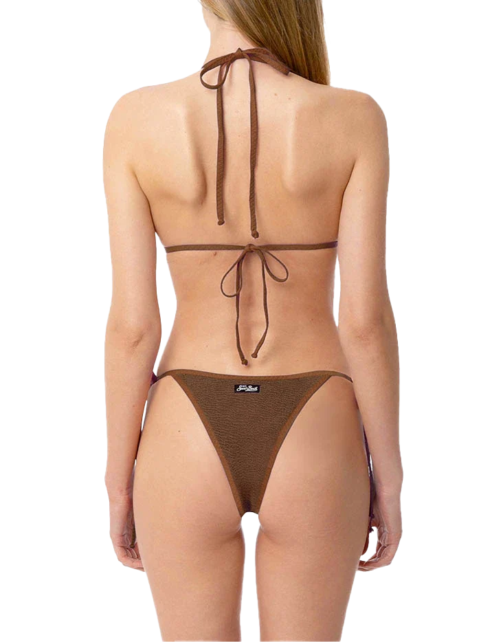 Bikini Leah Norah triangolo in tessuto crinkle marrone con piping - Image 3