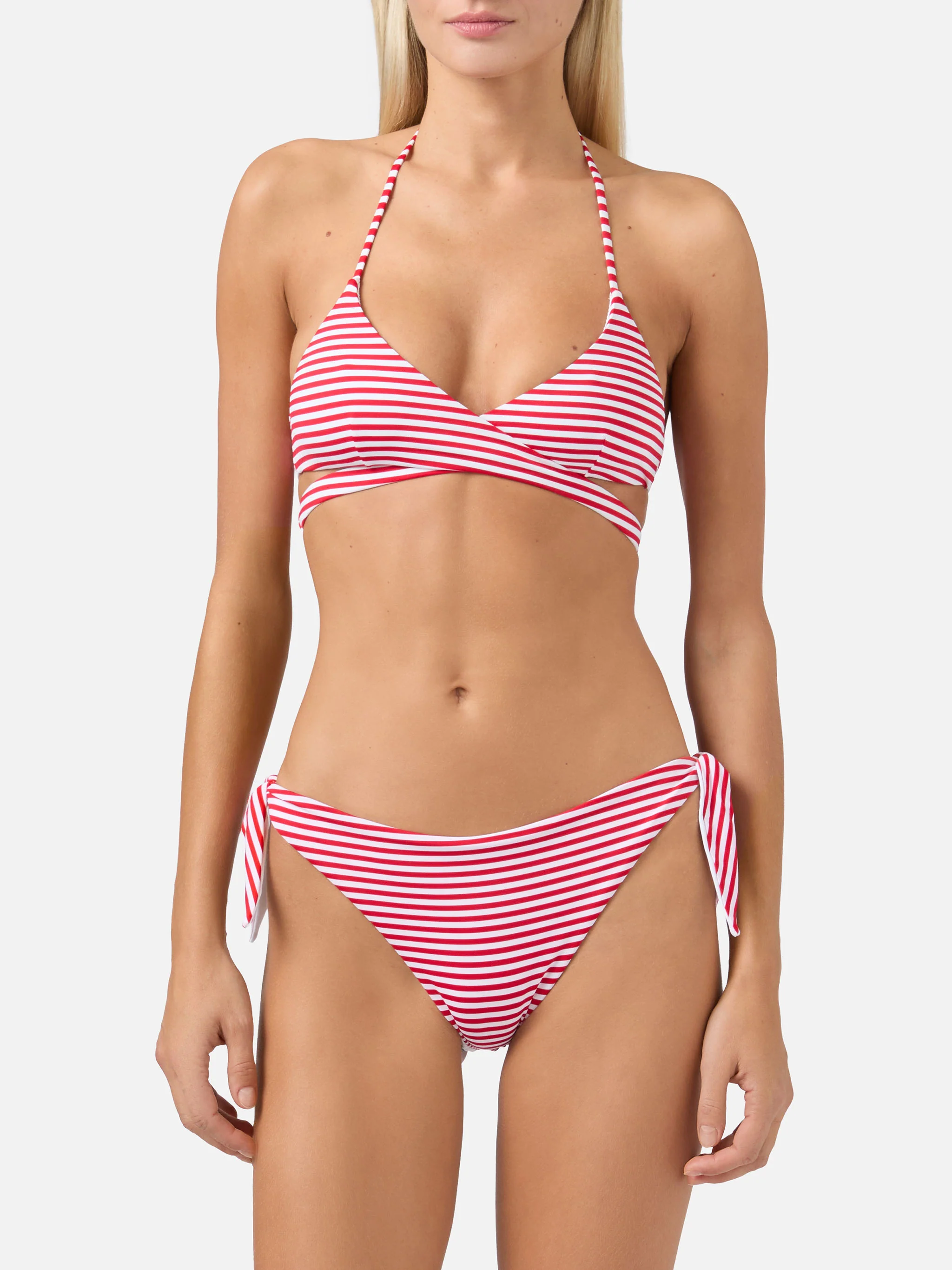 Bikini a triangolo avvolgente Layne Yali con stampa a righe rosse - Image 2