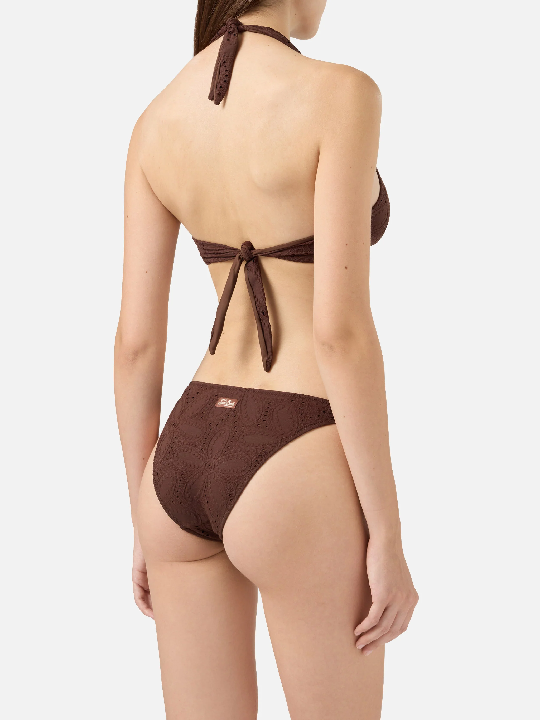 Bikini bralette a triangolo classico Leda Yali in pizzo sangallo marrone - Image 4